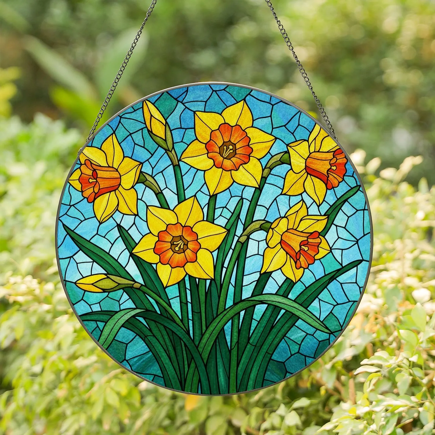 Daffodil Flower Blooms Tiffany Stained Glass Mosaic Art - Vibrant Jewel Tone Garden Gift Stained Glass Suncatcher - 1