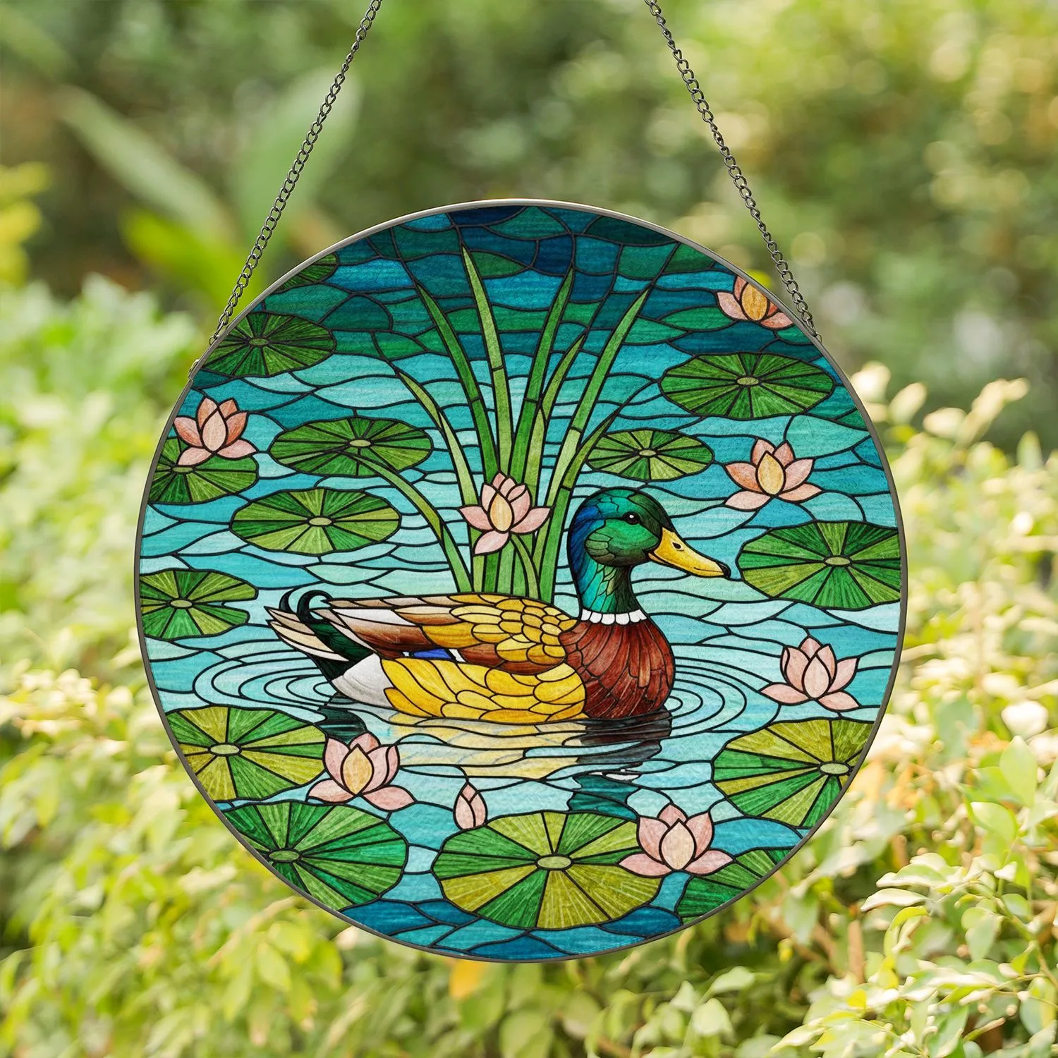 Male Mallard Duck Stained Glass Pond - Water Lily Reeds Tiffany Inspired Jewel Tone Art Stained Glass Suncatcher - 1