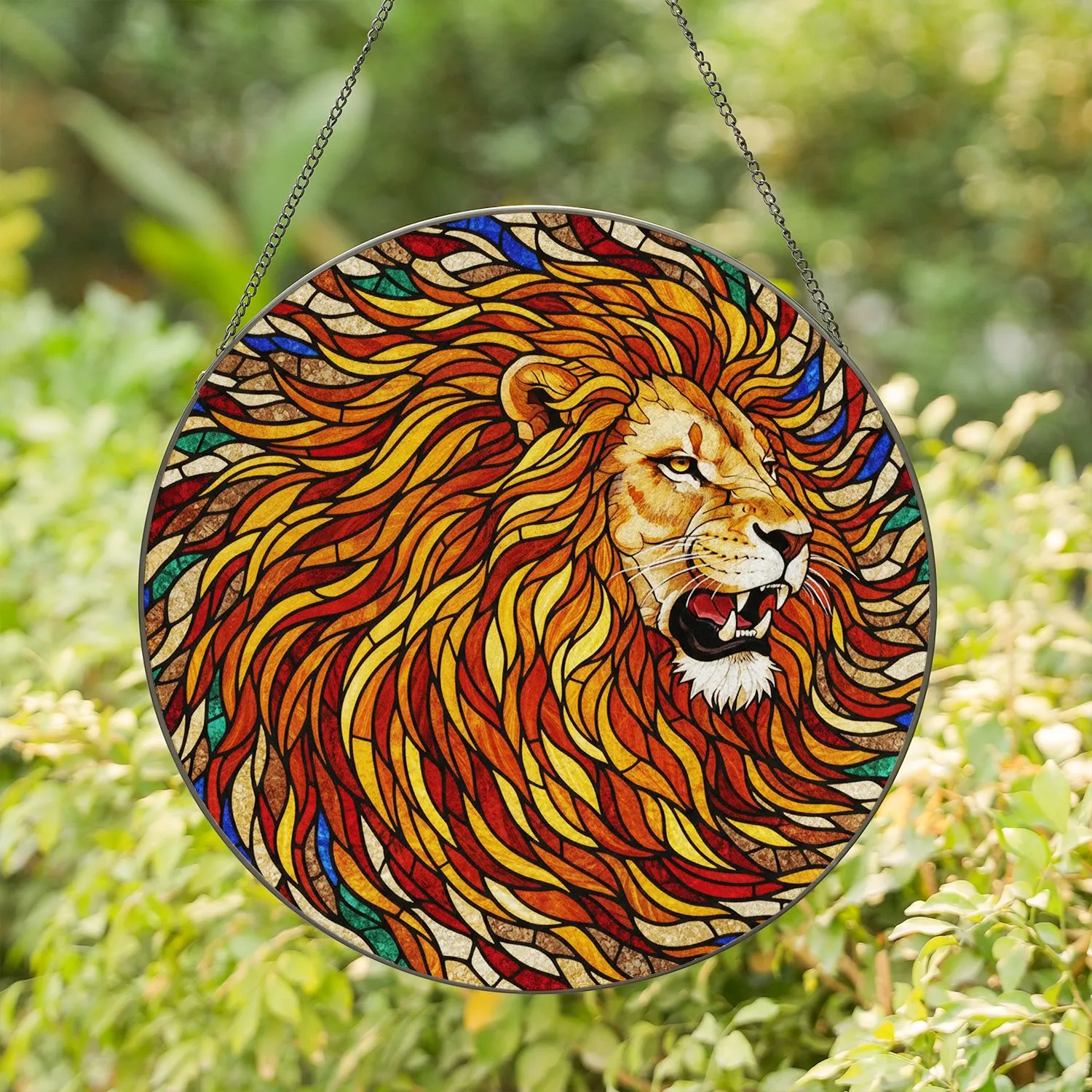 Majestic Lion Head Tiffany Stained Glass – Fiery Jewel Tone Decor Gift Stained Glass Suncatcher - 1