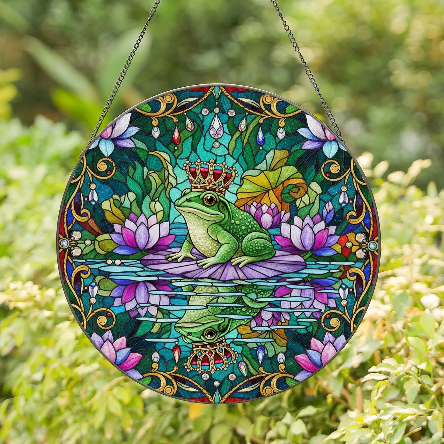 Stained Glass Frog Crown Water Lily Lotus Tiffany Style - Iridescent Jewel Tone Aquatic Mosaic Art Stained Glass Suncatcher - 1