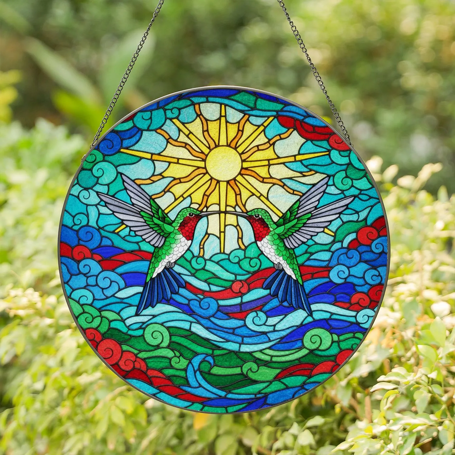 Two Hummingbirds Stained Glass Sun Tiffany Style Art - Nature Lover Home Decor Gift Stained Glass Suncatcher - 1
