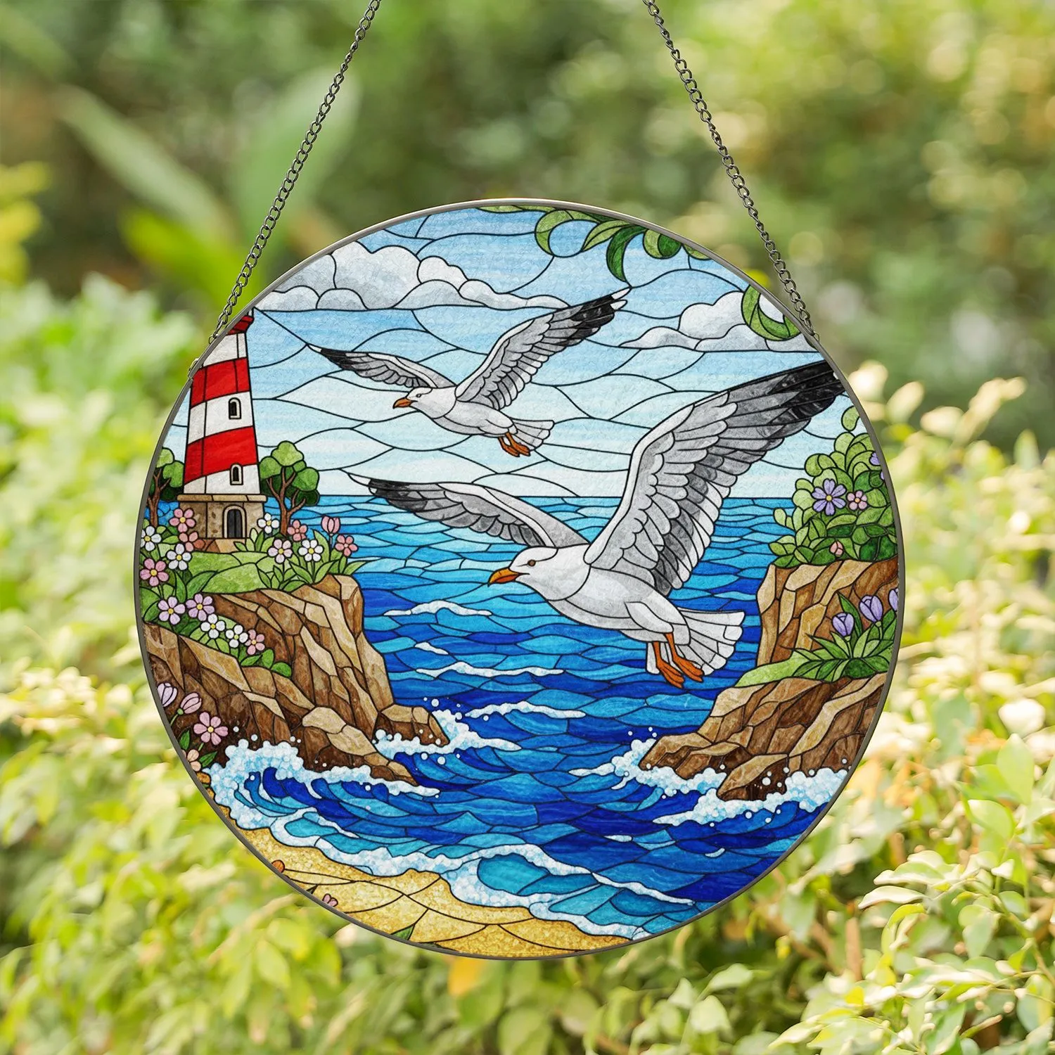 Seagull Tiffany Stained Glass Lighthouse Ocean Coastal Scene - Jewel Tone Art Decor Stained Glass Suncatcher - 1