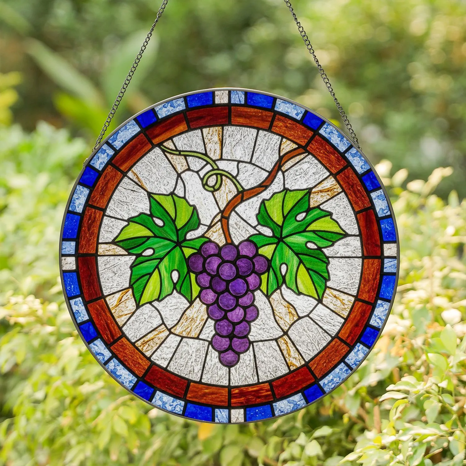 Deep Purple Grape Cluster, Green Leaves, Tiffany Stained Glass Mosaic Window Art Stained Glass Suncatcher - 1