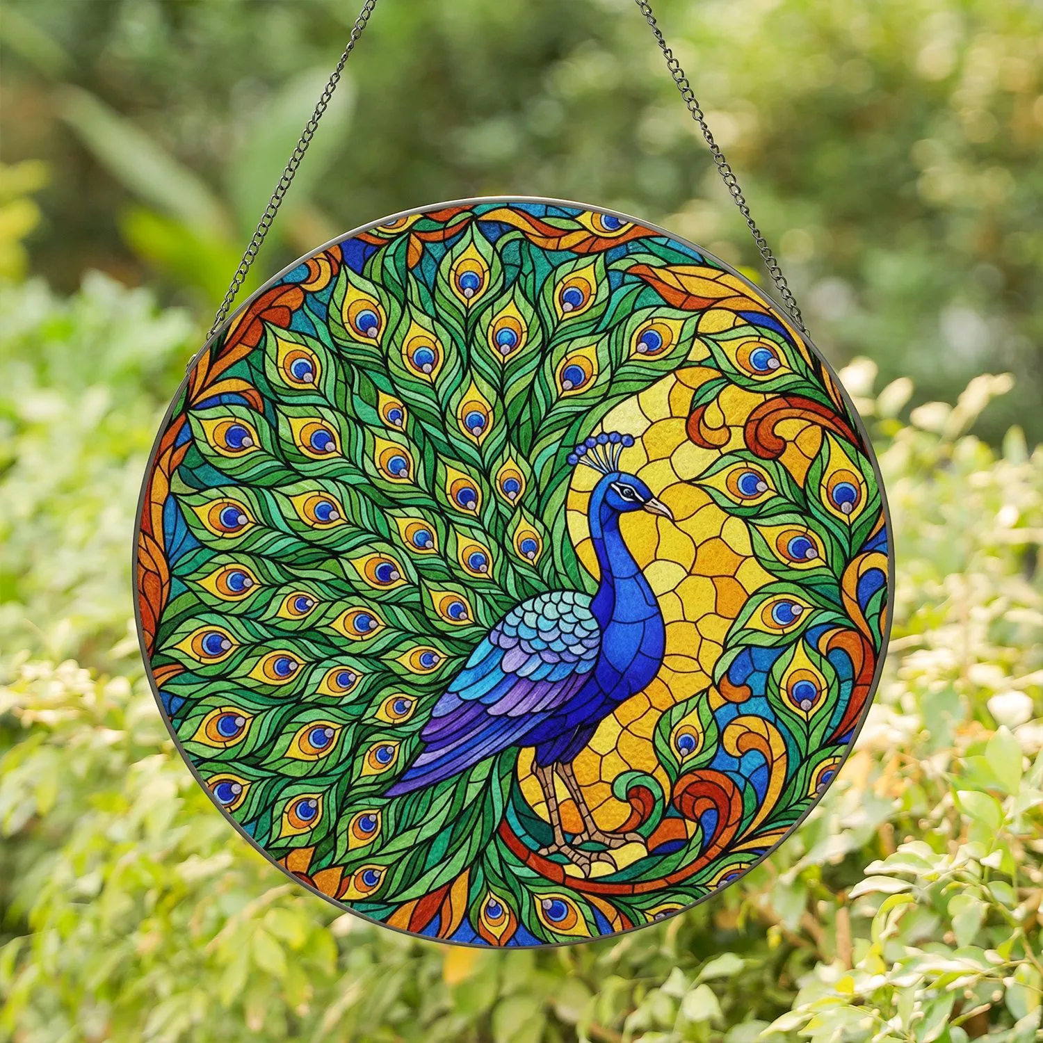 Majestic Peacock Stained Glass - Jewel Tone Feather Art, Blue Purple Emerald Violet Mosaic Stained Glass Suncatcher - 1