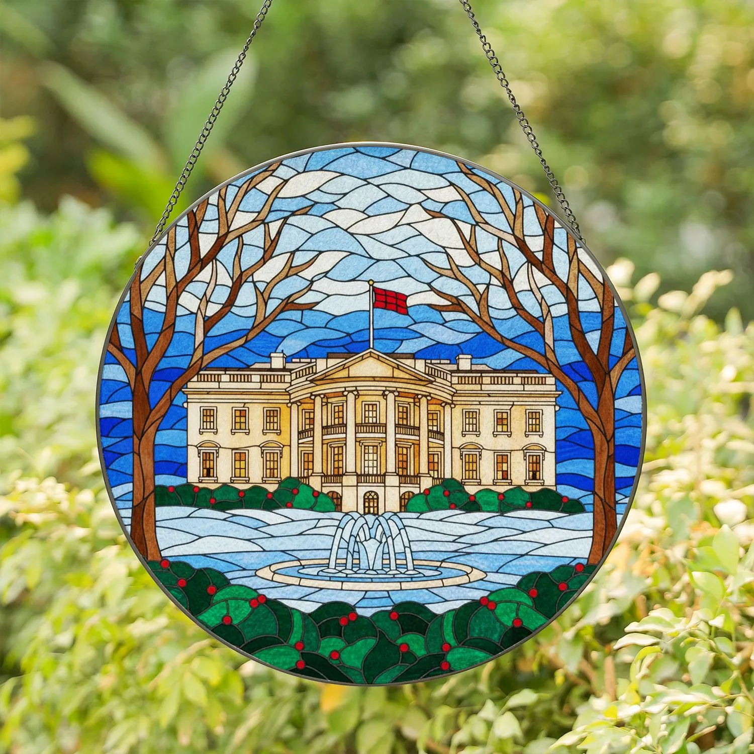 White House North Portico Red Flag Winter Fountain Stained Glass Tiffany Mosaic Stained Glass Suncatcher - 1