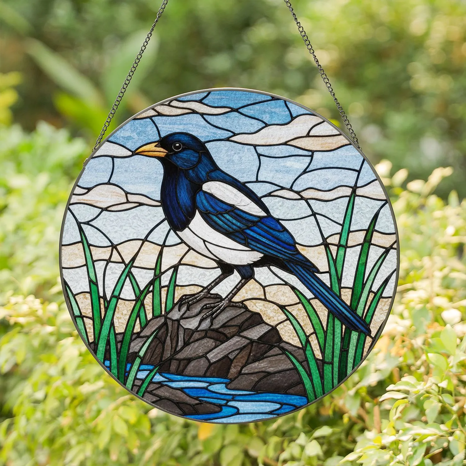 Black & White Bird Orange Beak on Rocks Stained Glass Art - Intricate Tiffany Sky Mosaic Stained Glass Suncatcher - 1