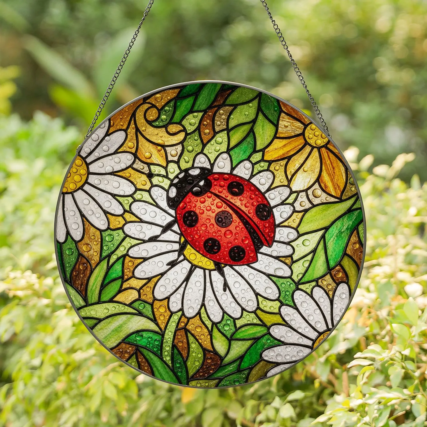 Red Ladybug White Daisy Dewdrop Stained Glass - Tiffany Style Nature Window Art Stained Glass Suncatcher - 1