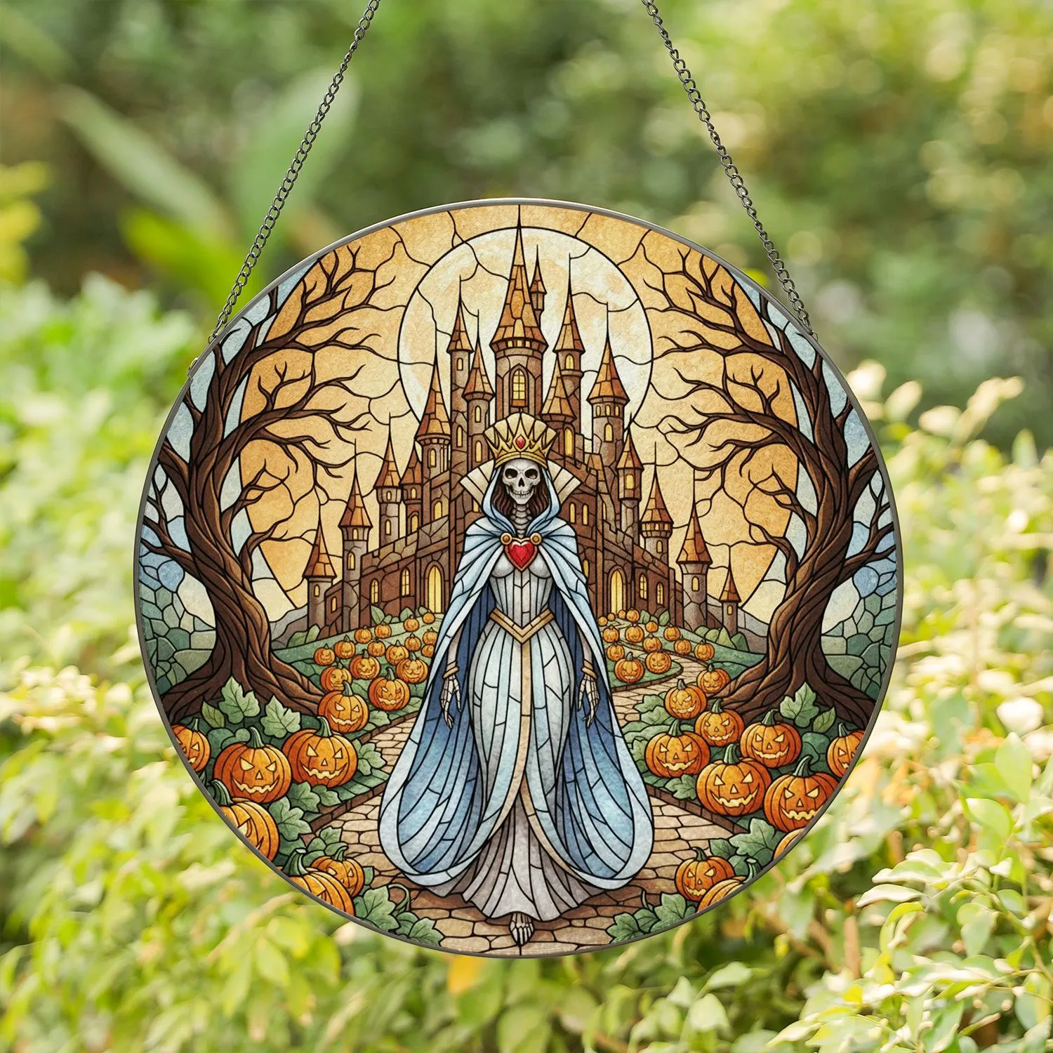 Skeletal Queen Jack-o'-Lantern Castle Full Moon - Spooky Halloween Gothic Decor Gift Stained Glass Suncatcher - 1
