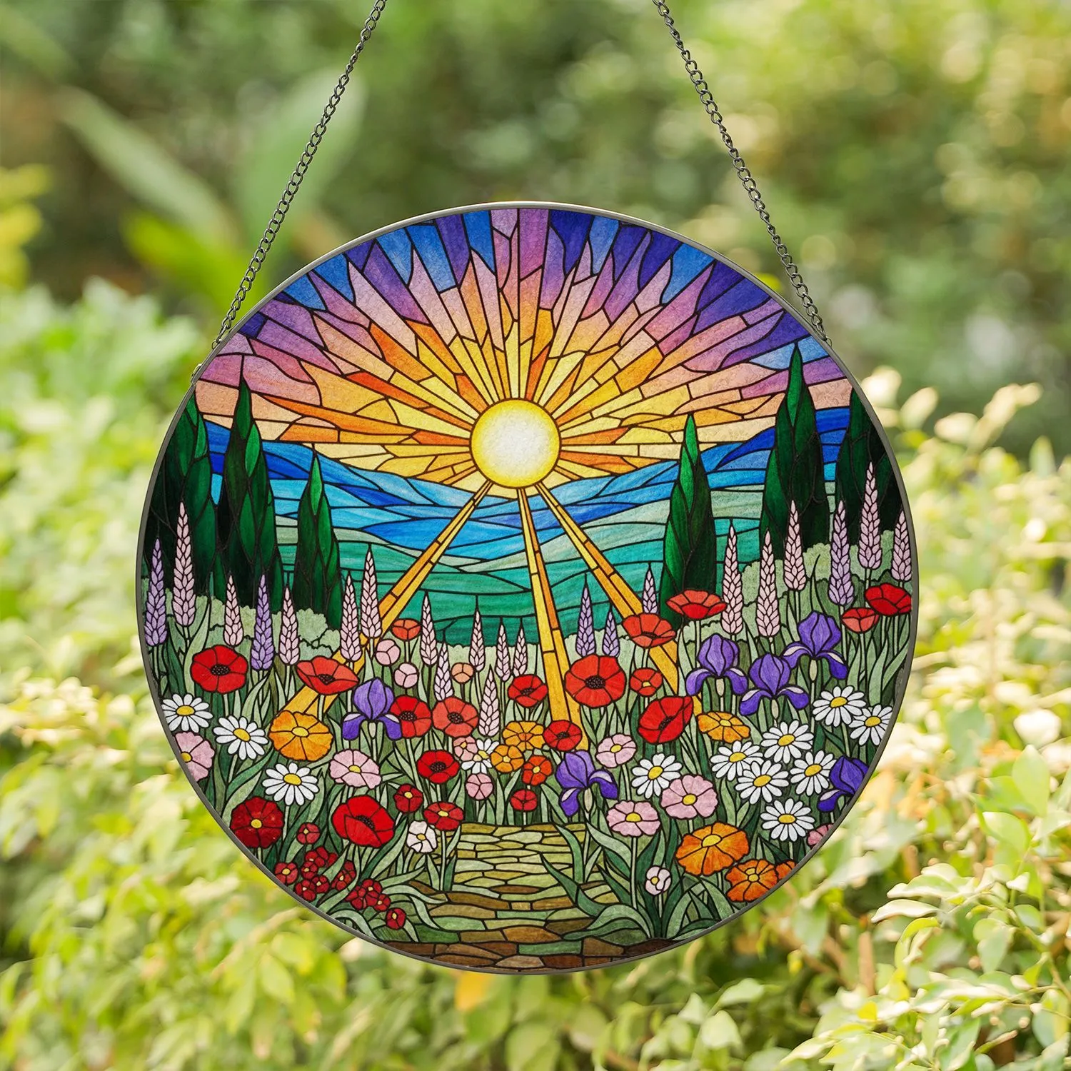 Tiffany Sun Meadow Wildflowers Rolling Hills Sky - Translucent Jewel Tone Art Stained Glass Suncatcher - 1