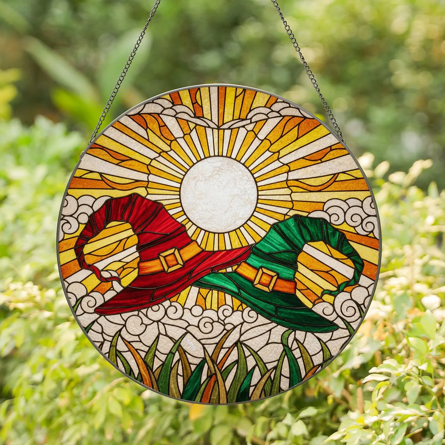 Vibrant Red Green Witch Hats Stained Glass, Full Moon, Wavy Mosaic Tiffany Artwork Stained Glass Suncatcher - 1