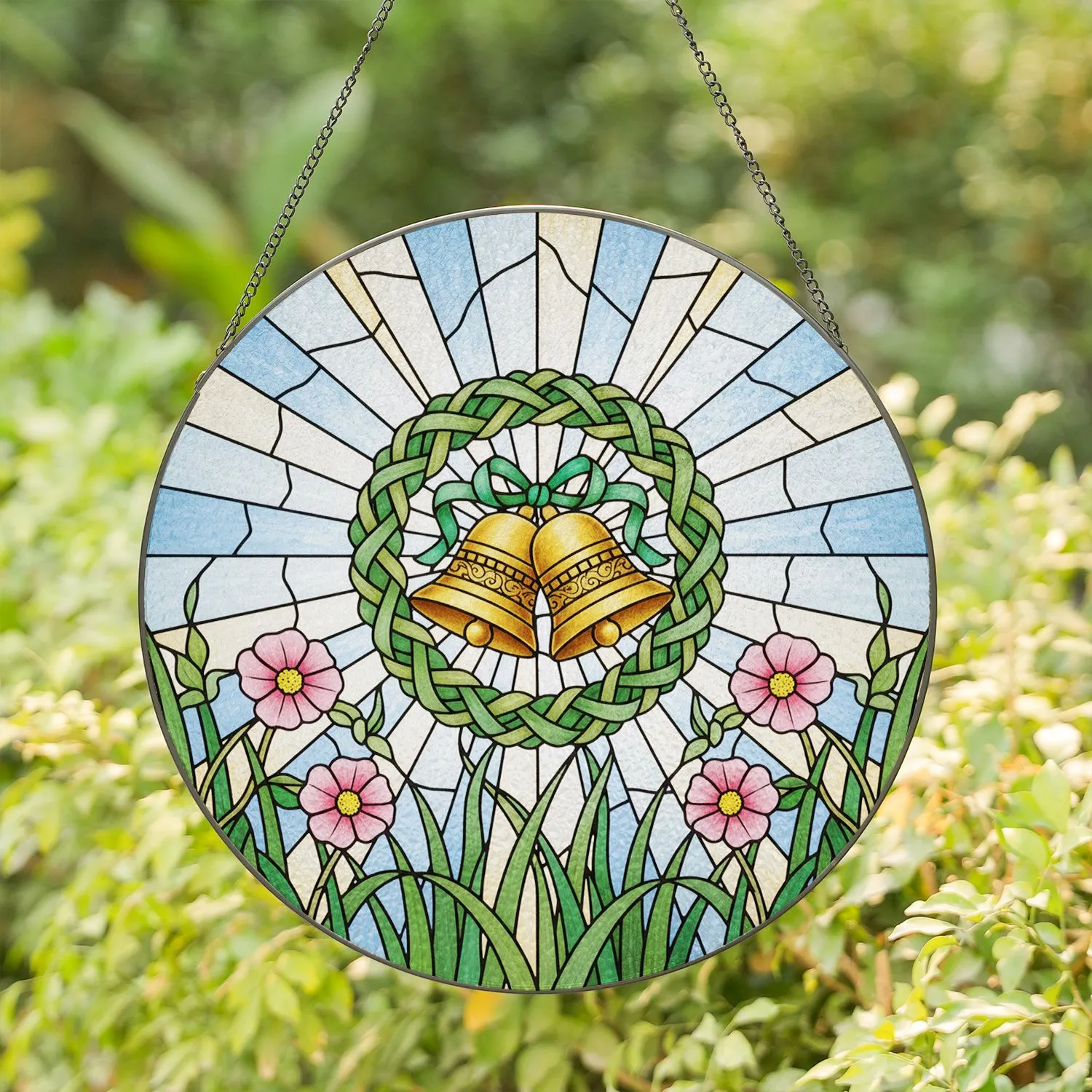 Golden Wedding Bells Ribbon Wreath Tiffany Glass Sun Rays - Wedding Anniversary Gift for Couple Stained Glass Suncatcher - 1