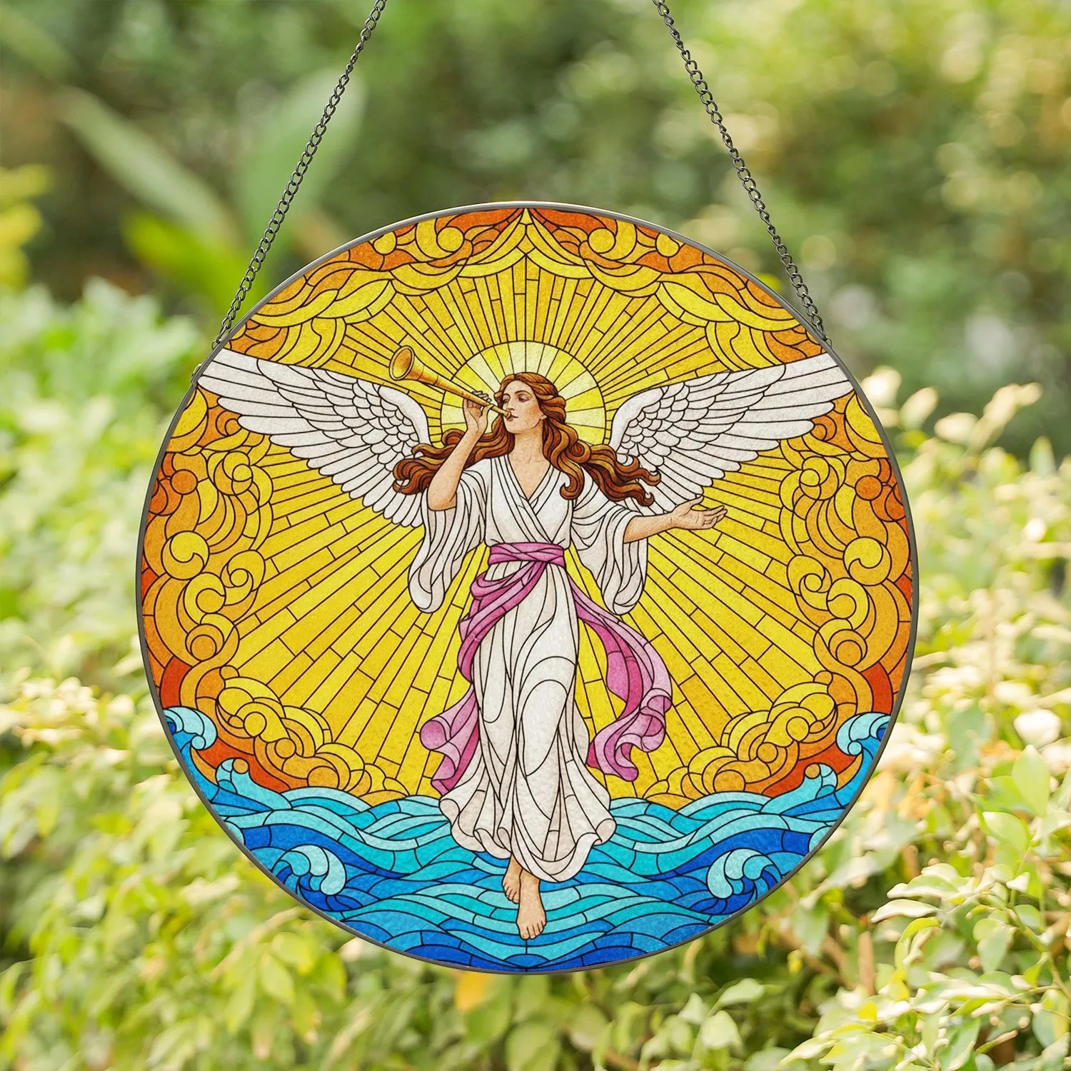 Female Angel Golden Trumpet Sunburst Celestial Waves Stained Glass Tiffany Style Art Stained Glass Suncatcher - 1