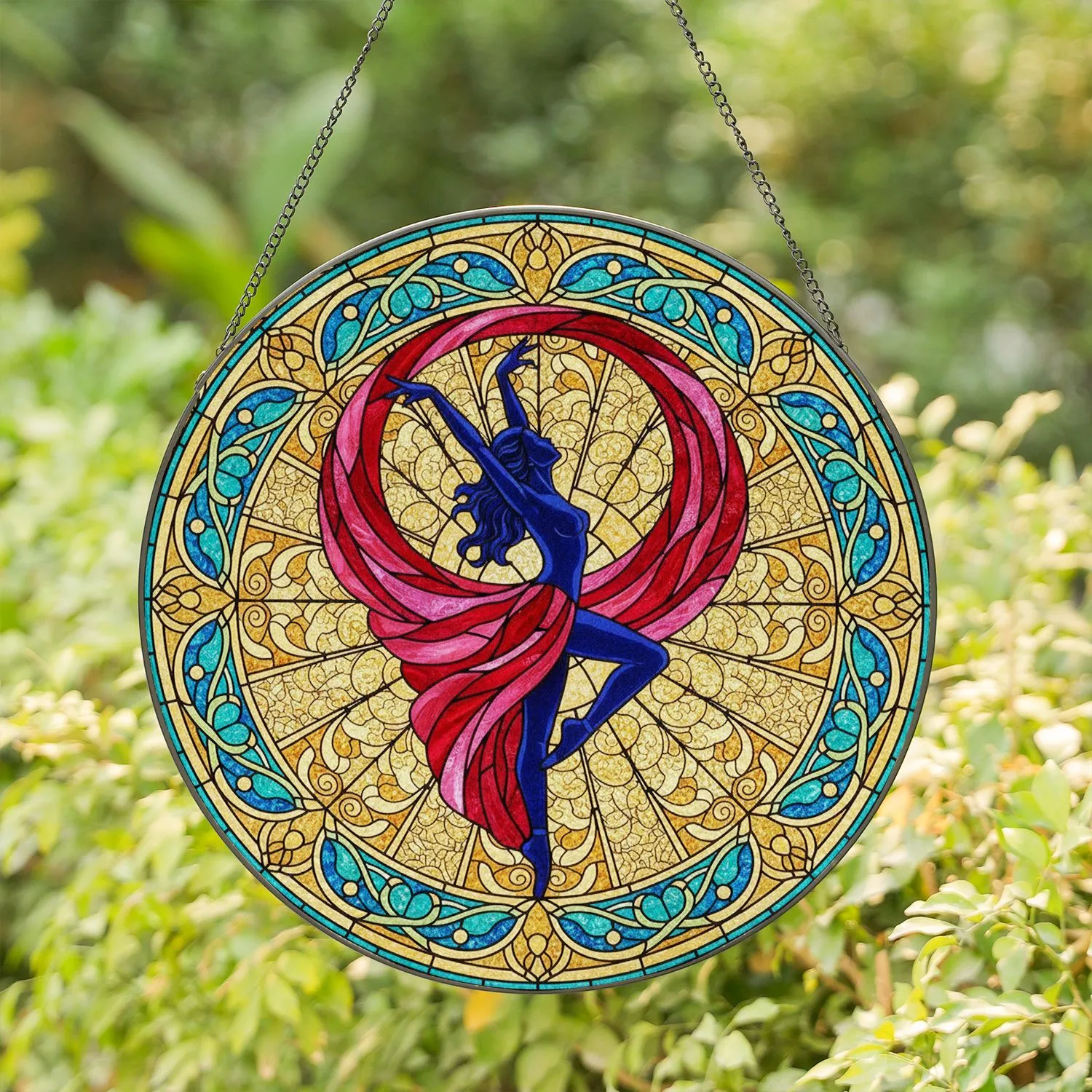 Graceful Female Dancer Silhouette Stained Glass Art - Tiffany Style Ornate Floral Mosaic Stained Glass Suncatcher - 1