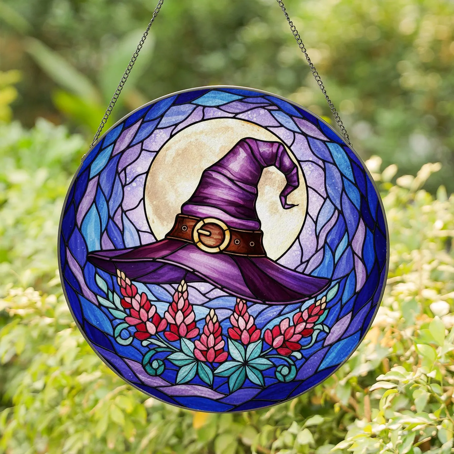 Purple Witch Hat Stained Glass Art Full Moon Lupine Flowers Twilight Landscape Jewel Tones Stained Glass Suncatcher - 1
