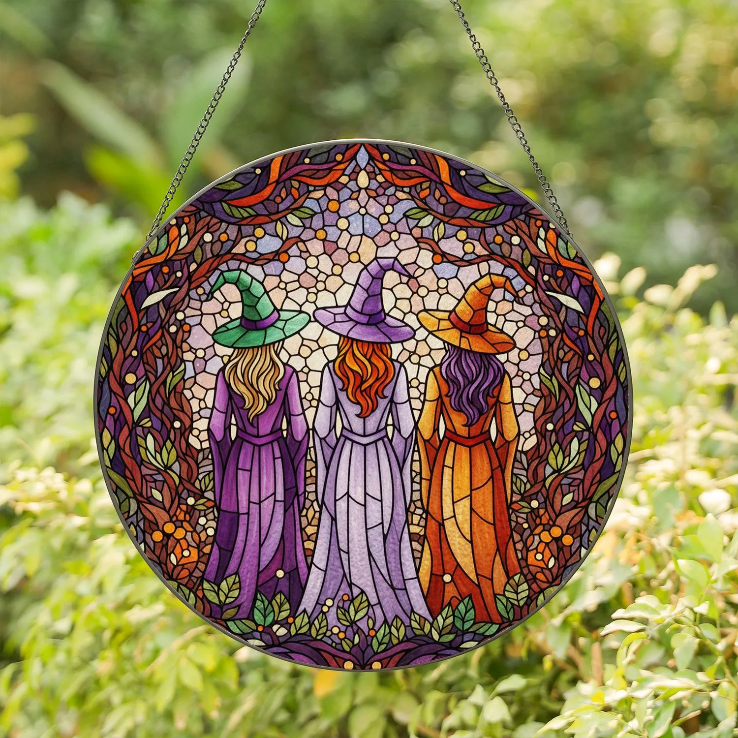 Three Witches Magical Forest Tiffany Stained Glass - Halloween Decor Witchcraft Fantasy Gift Stained Glass Suncatcher - 1