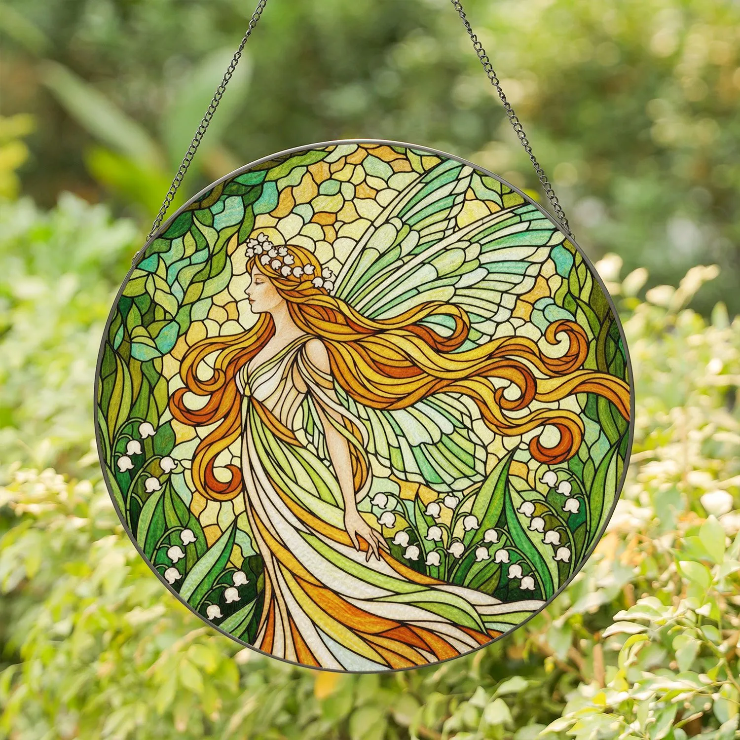 Winged Fairy Stained Glass Art - Lily of Valley & Forest Foliage Glowing Jewel Tones Stained Glass Suncatcher - 1