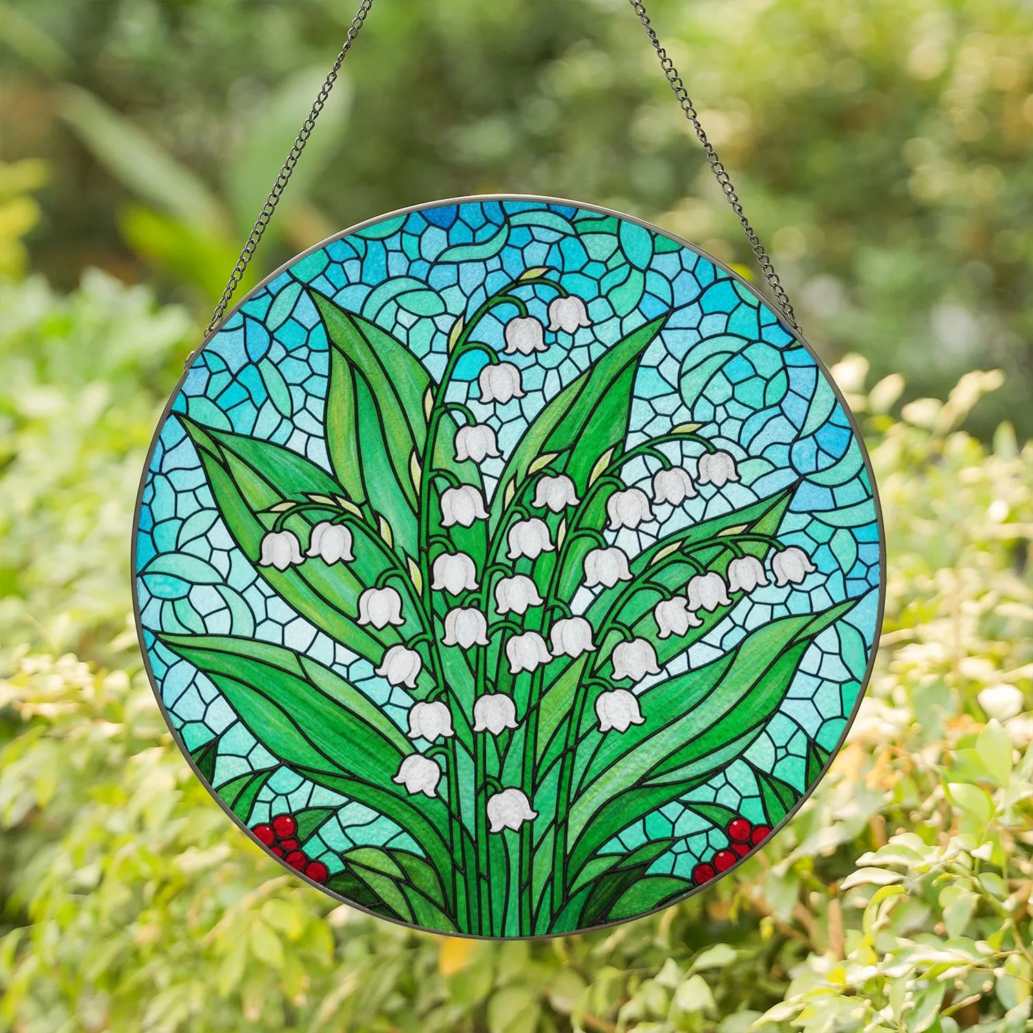 Lily of the Valley Red Berry Tiffany Glass Mosaic Glowing Jewel Tone Floral Art Decor Stained Glass Suncatcher - 1