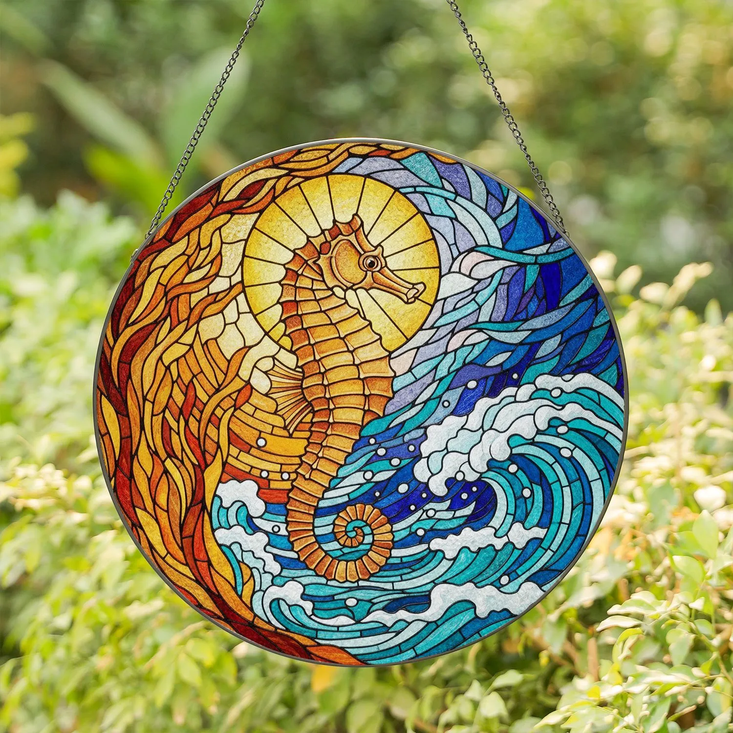 Seahorse Stained Glass Ocean Waves Coral Mosaic Geometric Patterns Deep Ocean Currents Stained Glass Suncatcher - 1