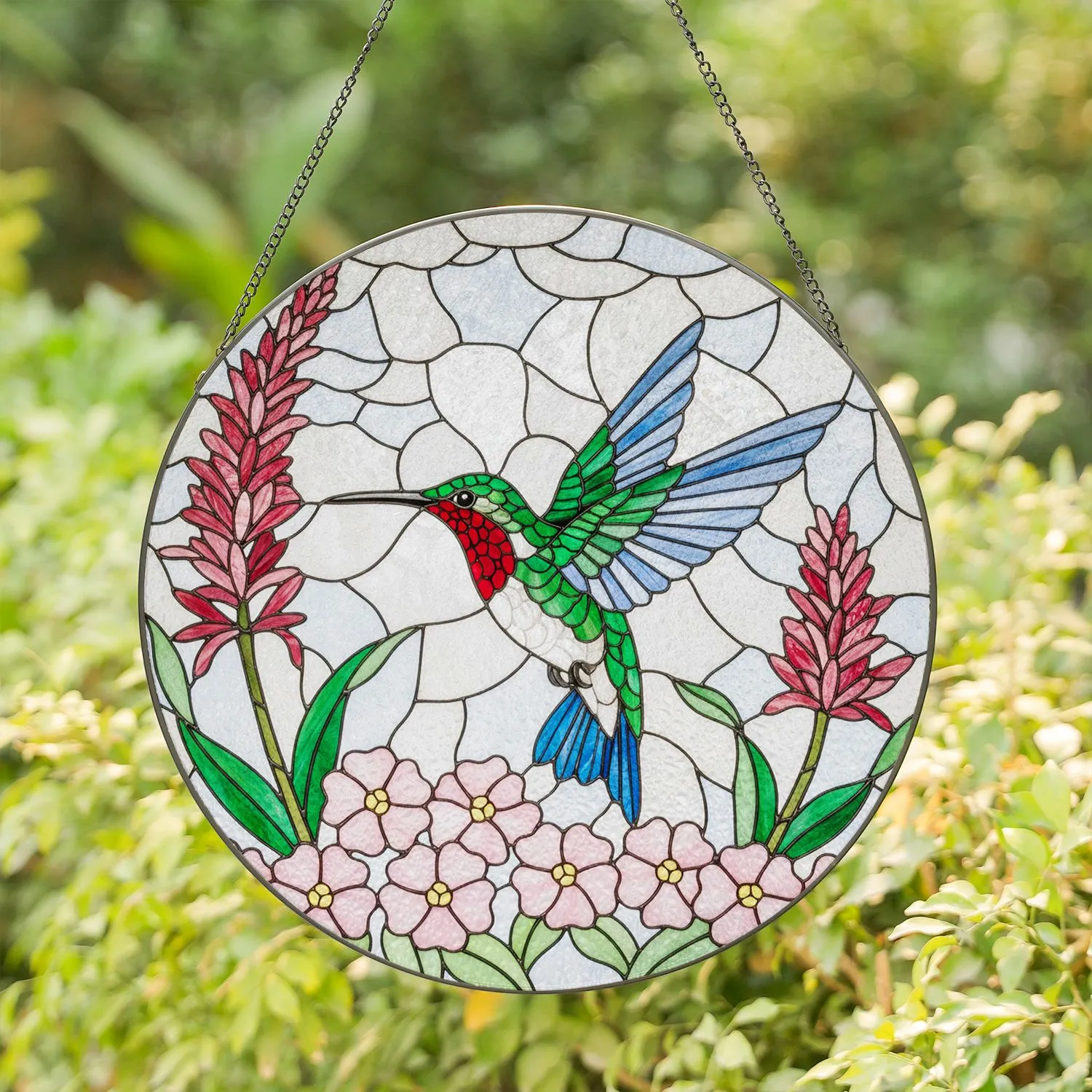 Hummingbird Stained Glass Tiffany Red Pink Flowers Cloud Sky Art Window Decor Gift Stained Glass Suncatcher - 1