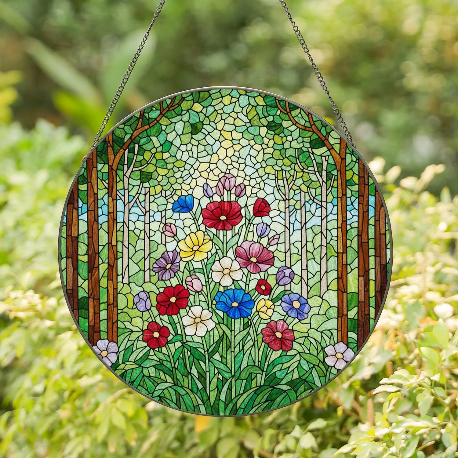 Flowering Forest Trees Stained Glass Art - Tiffany Style Woodland Nature Decor Gift Stained Glass Suncatcher - 1