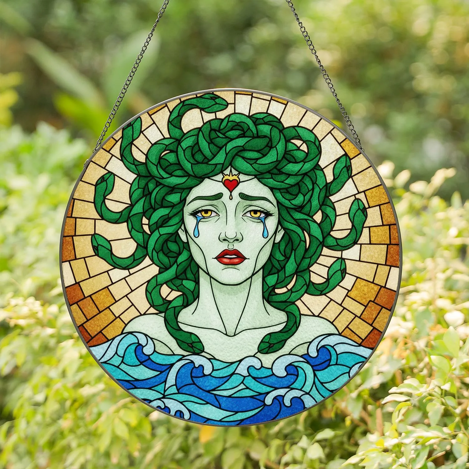 Sorrowful Medusa Stained Glass Mosaic with Coiling Green Snakes & Ocean Wave Design Stained Glass Suncatcher - 1