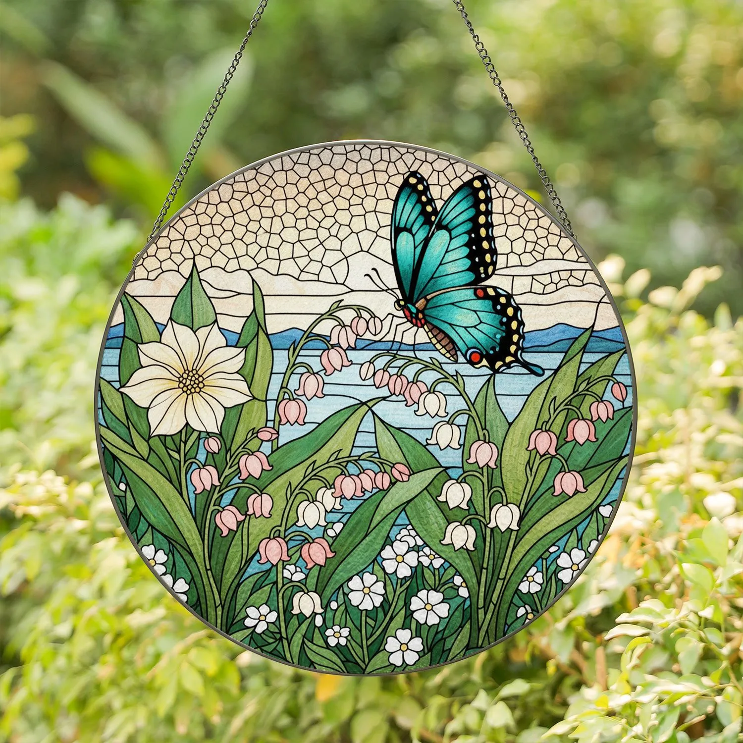 Vibrant Tiffany Butterfly Lily of the Valley Stained Glass Jewel Tone Mountain Water Sky Stained Glass Suncatcher - 1