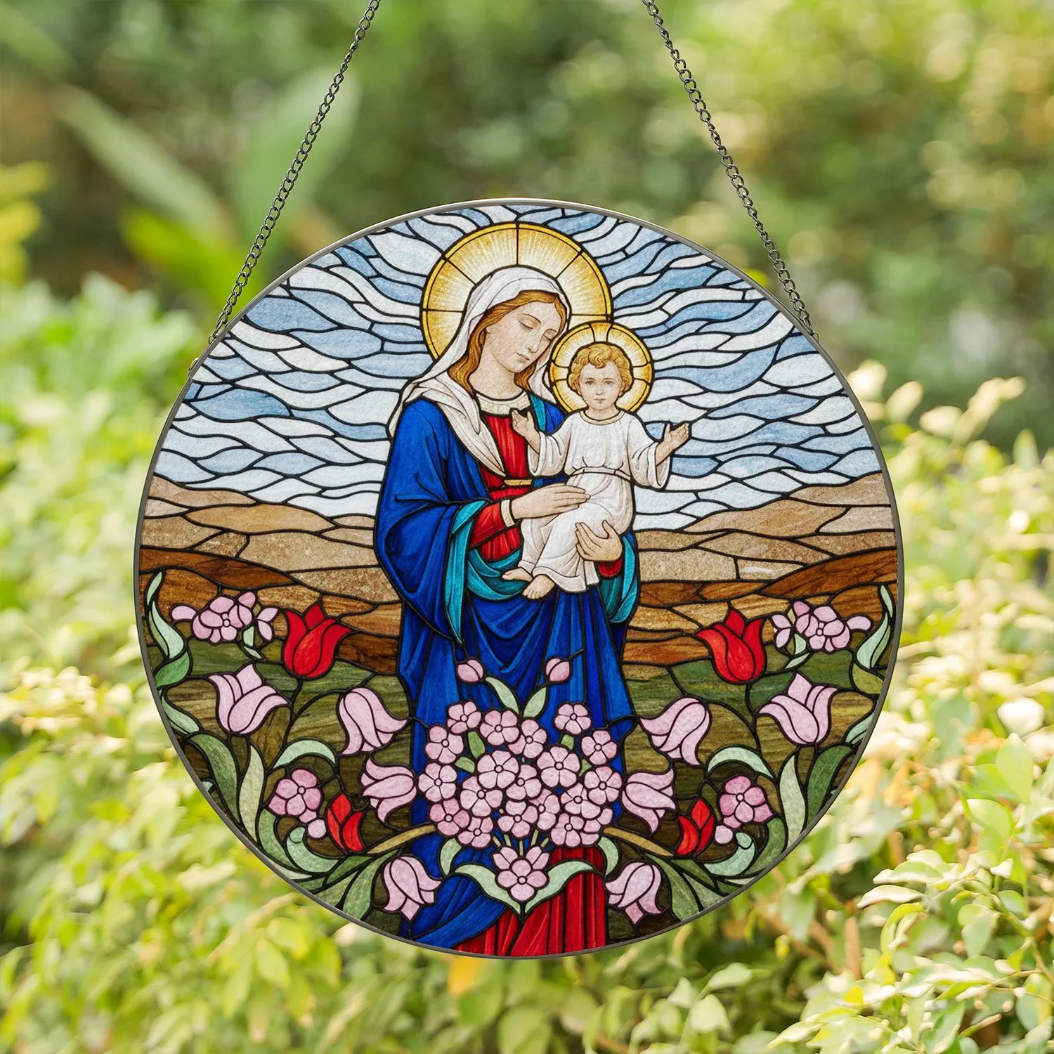 Mary Baby Jesus Stained Glass Mosaic Art - Floral Religious Home Window Decor Gift Stained Glass Suncatcher - 1