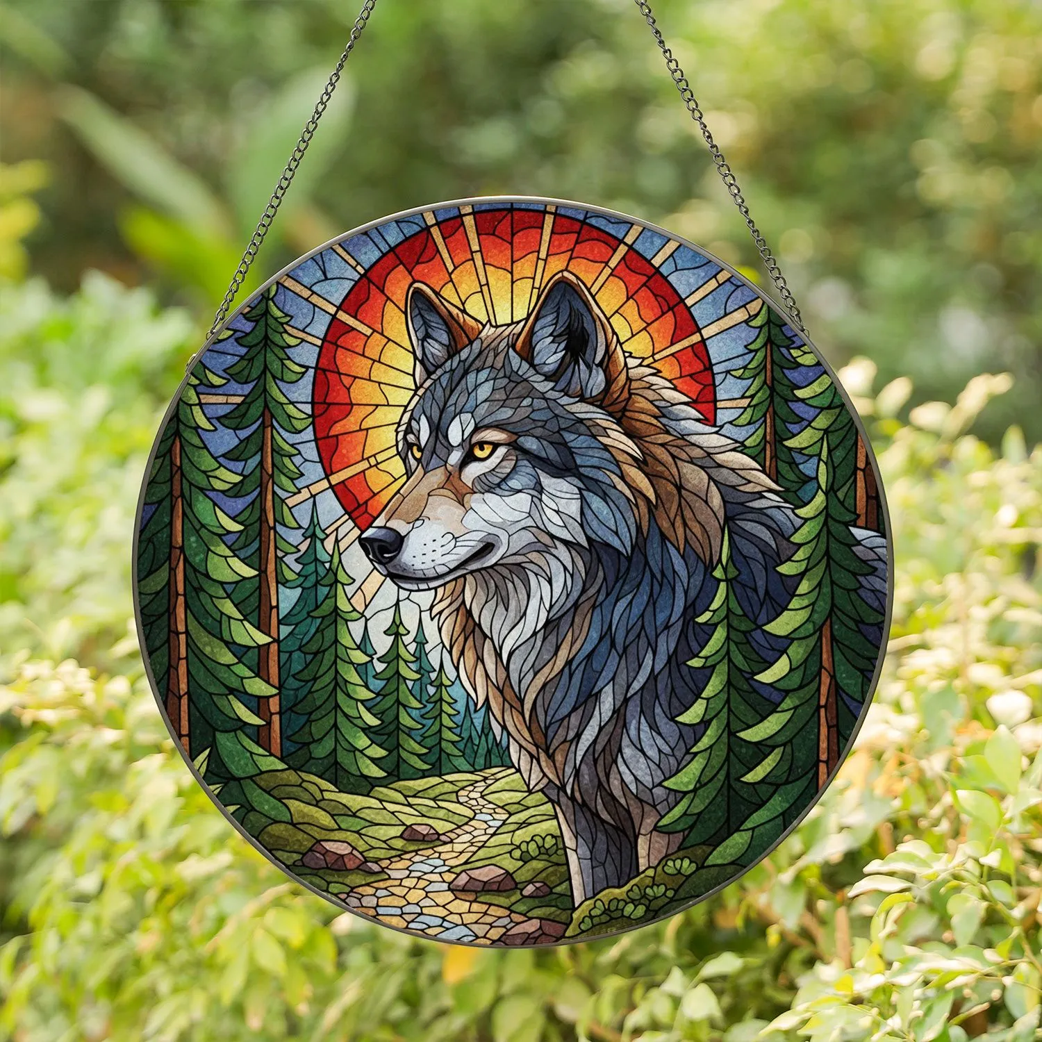 Majestic Intricate Wolf Stained Glass Forest Pine Trees Sun Moon Rise Wilderness Decor Stained Glass Suncatcher - 1