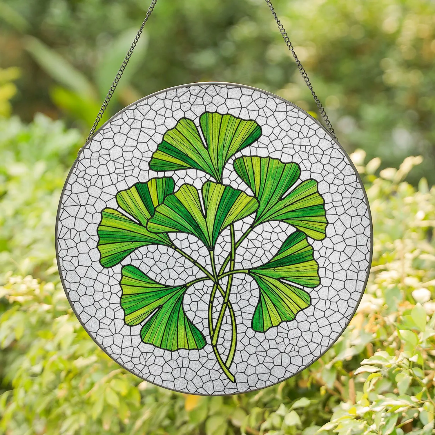 Highly Detailed Ginkgo Leaves Translucent Stained Glass - Tiffany Style Mosaic Green White Stained Glass Suncatcher - 1