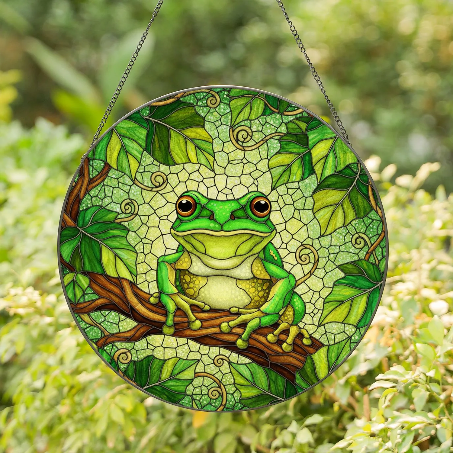 Tiffany Style Emerald Green Tree Frog Stained Glass Mosaic Golden Yellow Leaves Stained Glass Suncatcher - 1