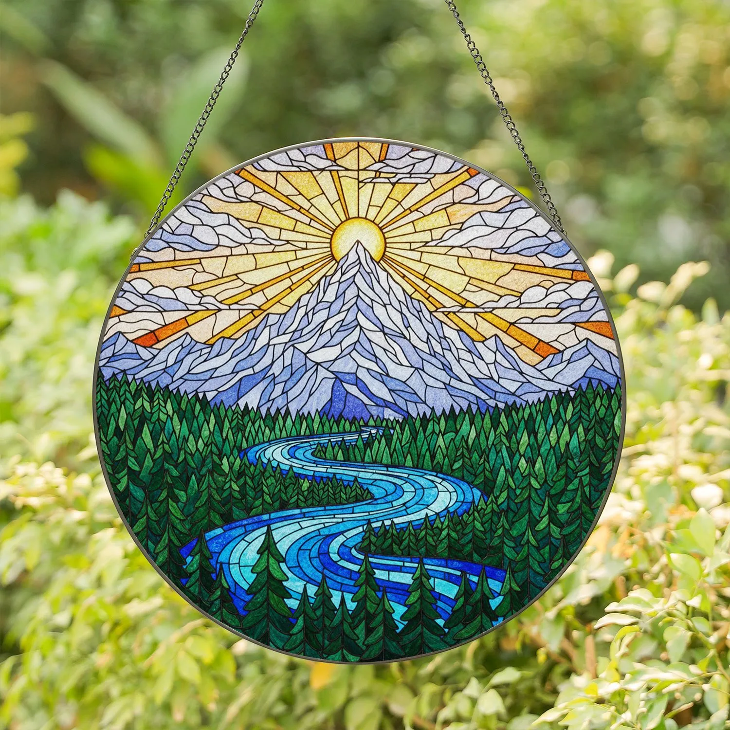 Tiffany Glass Snow-Capped Mountain Peak River Pine Tree Forest Sun Rays Sky Clouds - Nature Scenic Decor Stained Glass Suncatcher - 1