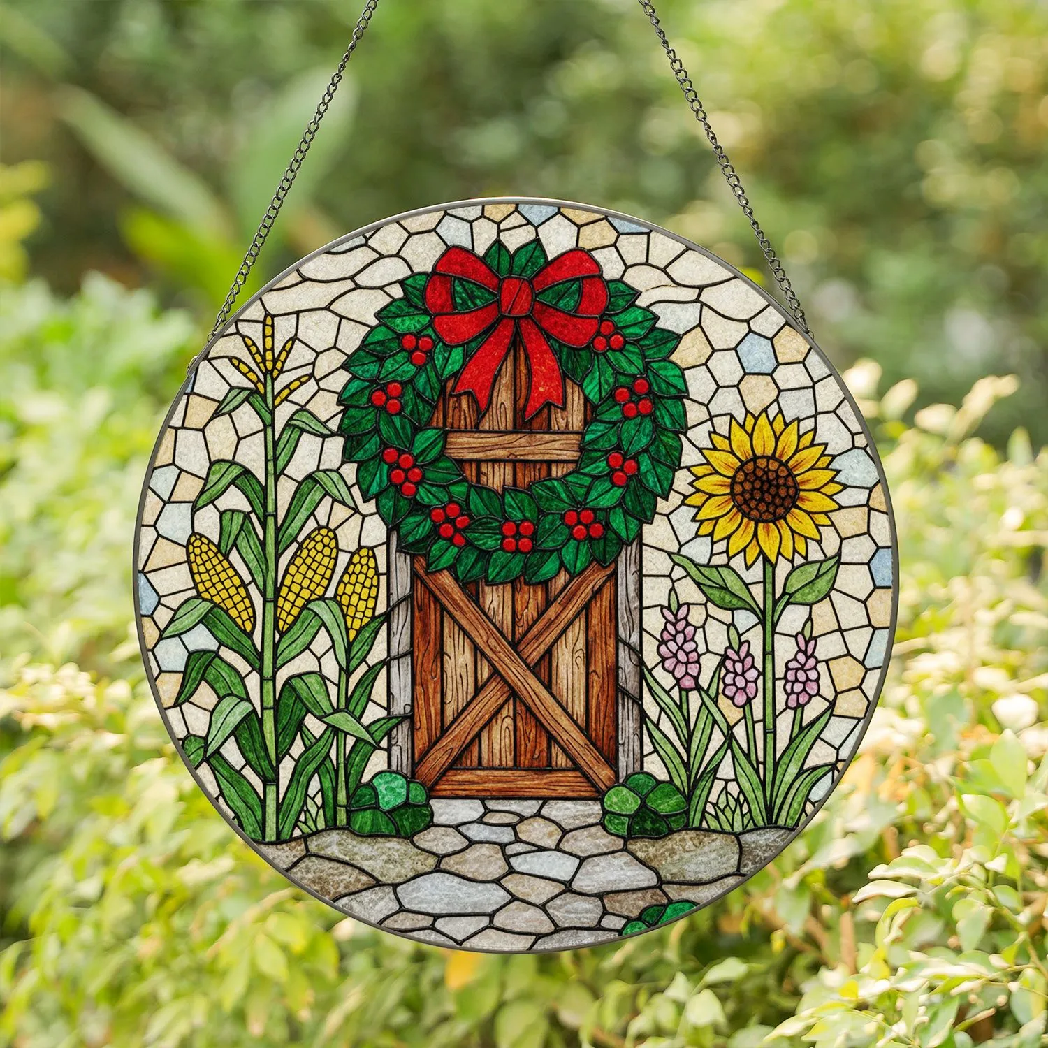 Rustic Barn Door Wreath Stained Glass Tiffany Style Farmhouse Sunflower Decor Gift Stained Glass Suncatcher - 1