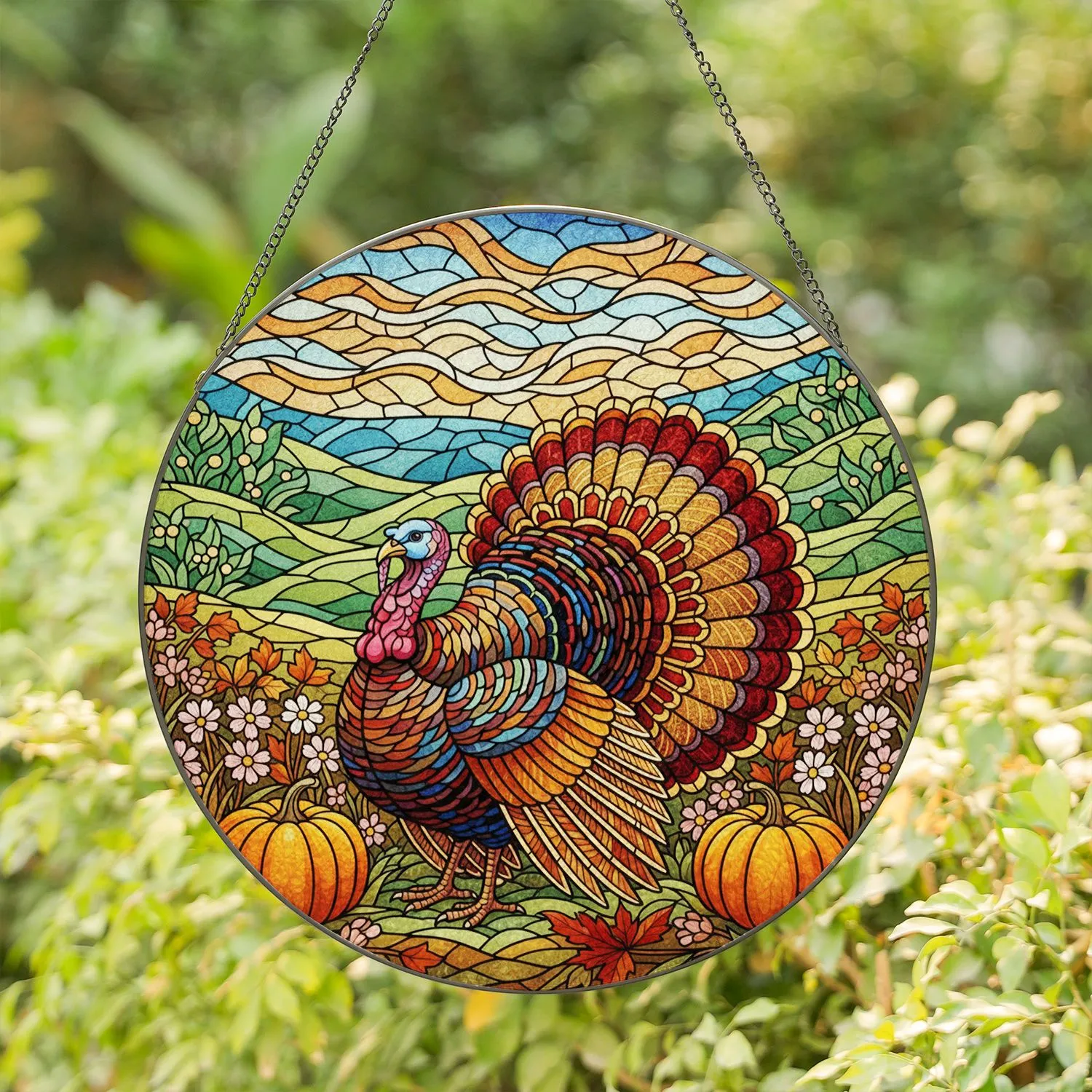 Majestic Turkey Stained Glass Art - Autumn Jewel Tone Pumpkin Wildflower Decor Stained Glass Suncatcher - 1