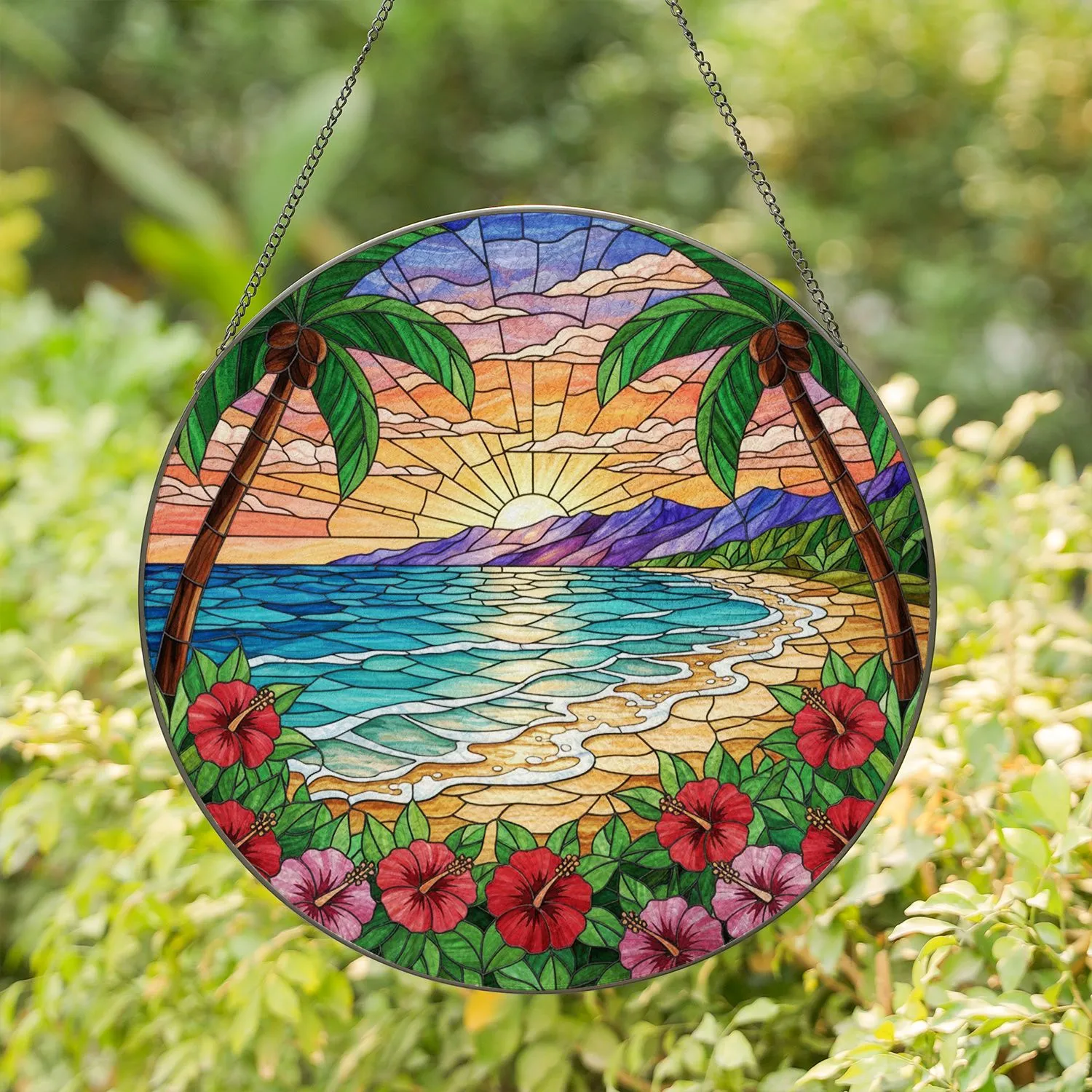 Tropical Beach Sunset Ocean Shore Palm Trees Hibiscus - Stained Glass Tiffany Style Art Stained Glass Suncatcher - 1