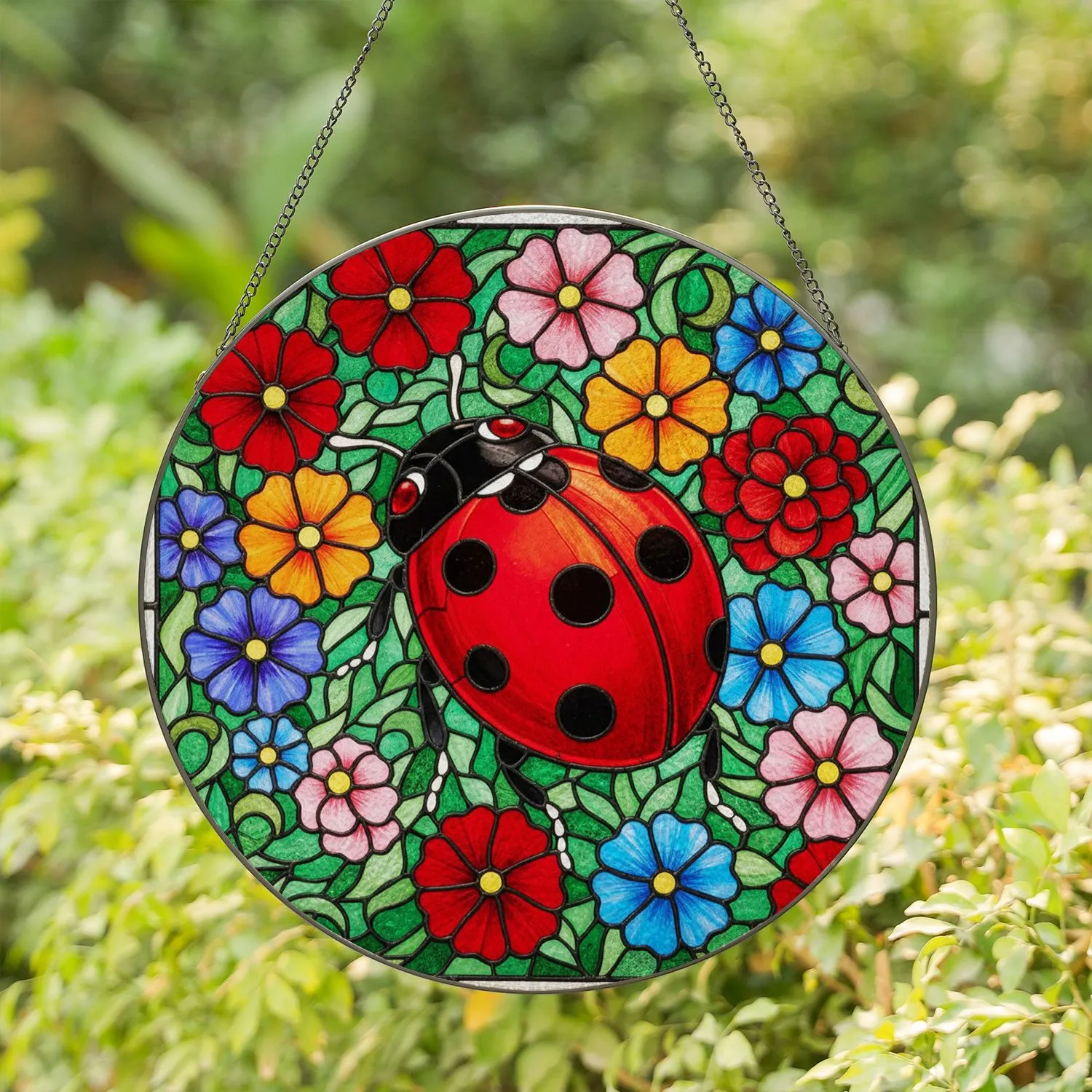 Large Red Ladybug Stained Glass Art, Tiffany Style Flower Mosaic, Jewel Tone Flowers Stained Glass Suncatcher - 1