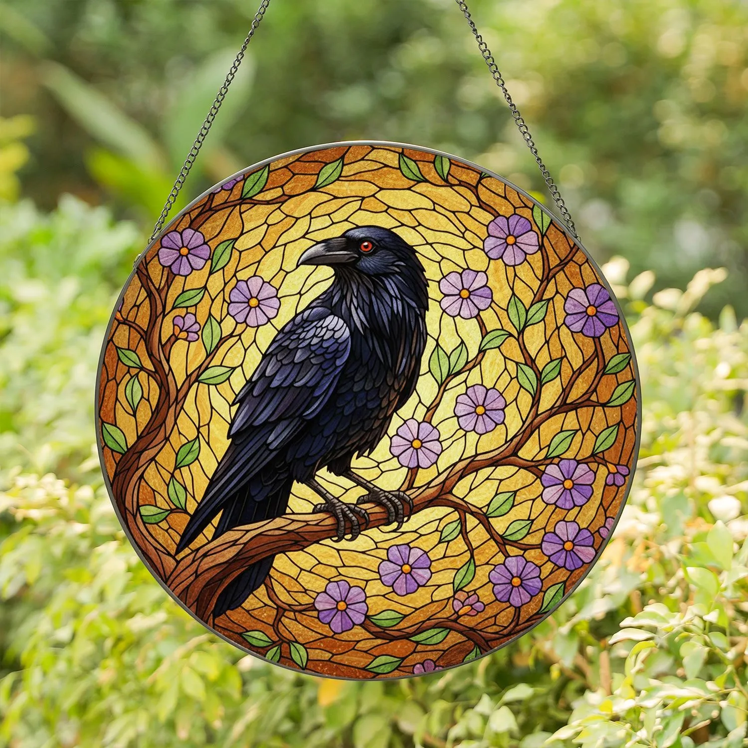 Black Raven Stained Glass Art with Red Eyes - Golden Amber Sky Tiffany Jewel Tones Stained Glass Suncatcher - 1