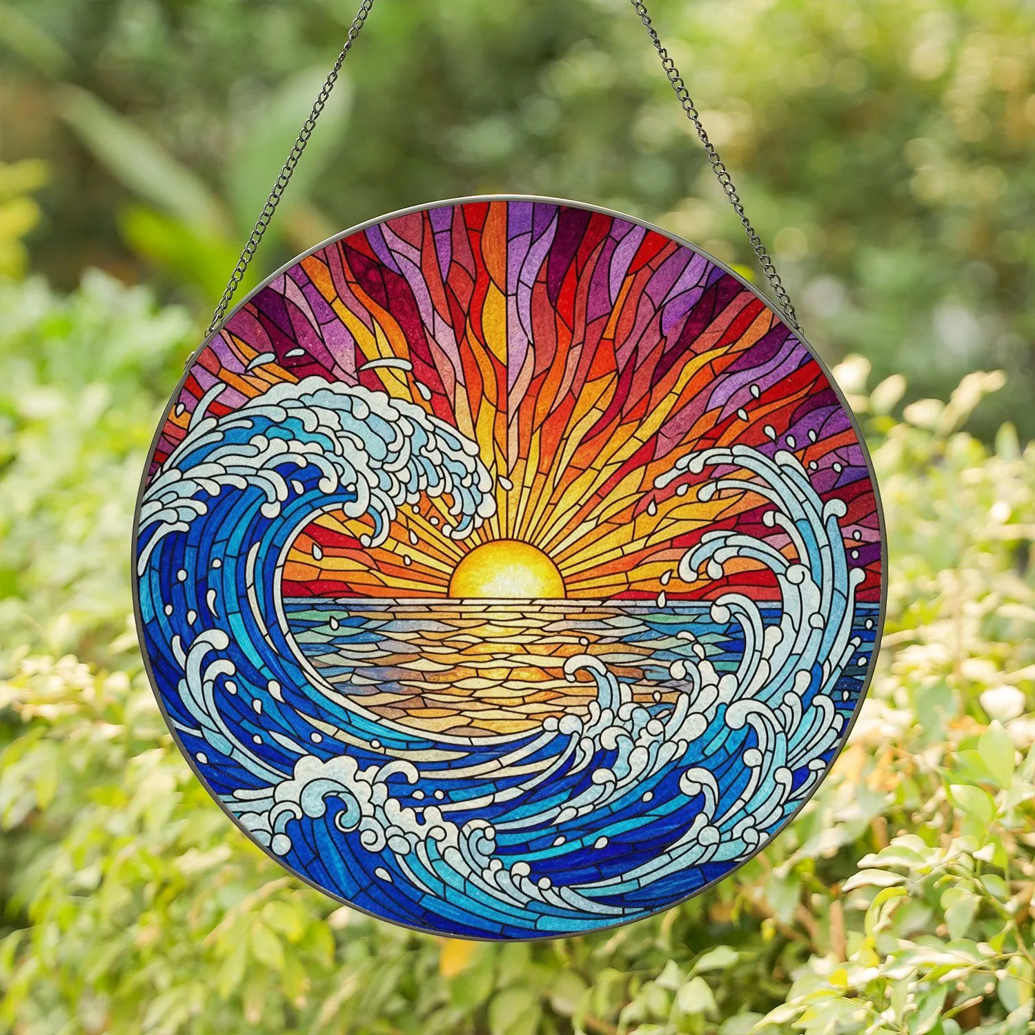 Stained Glass Ocean Wave Sunset with Radiant Sun Reflection - Tiffany Style Beach Art Stained Glass Suncatcher - 1