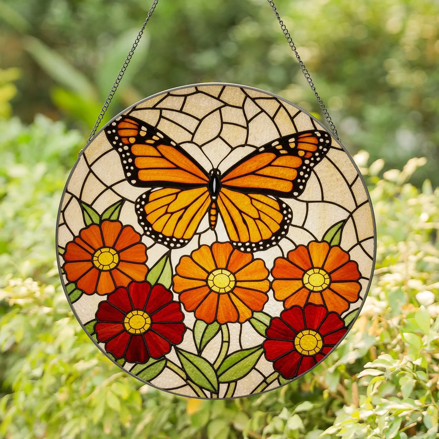 Monarch Butterfly Zinnia Flowers Stained Glass Mosaic Art - Tiffany Style Jewel Tones Stained Glass Suncatcher - 1