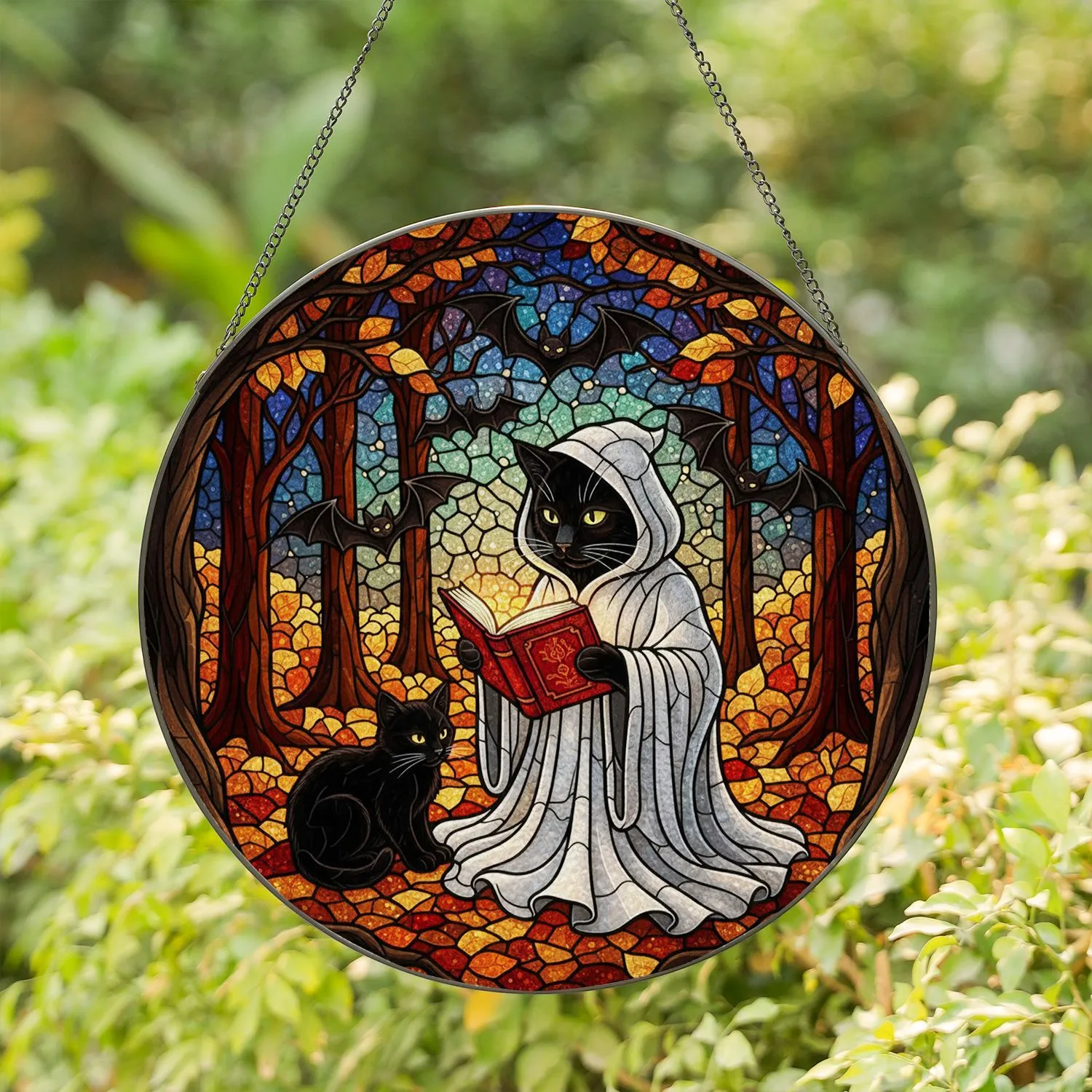 Black Cat Ghost Reading Book Kitten Autumn Night Forest Bats Gnarled Branches Stained Glass Suncatcher - 1