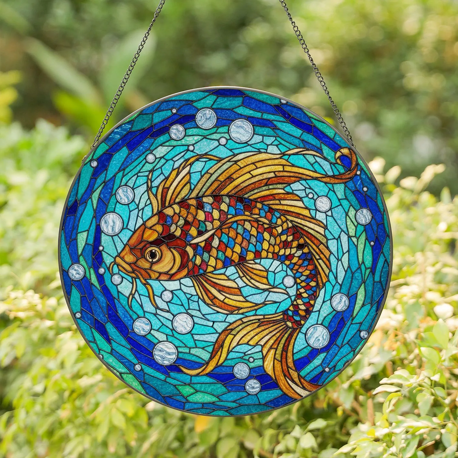 Ornate Goldfish Koi Fish Tiffany Style Stained Glass Mosaic Swirling Water Patterns Stained Glass Suncatcher - 1