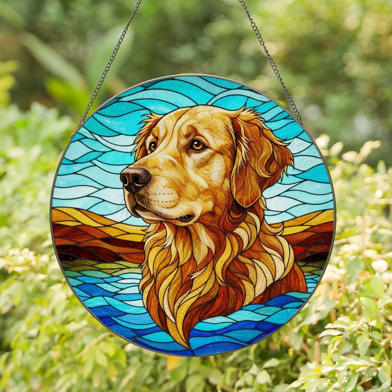 Golden Retriever Dog Tiffany Glass Mosaic Landscape Translucent Jewel Tones for Dog Lovers Stained Glass Suncatcher - 1