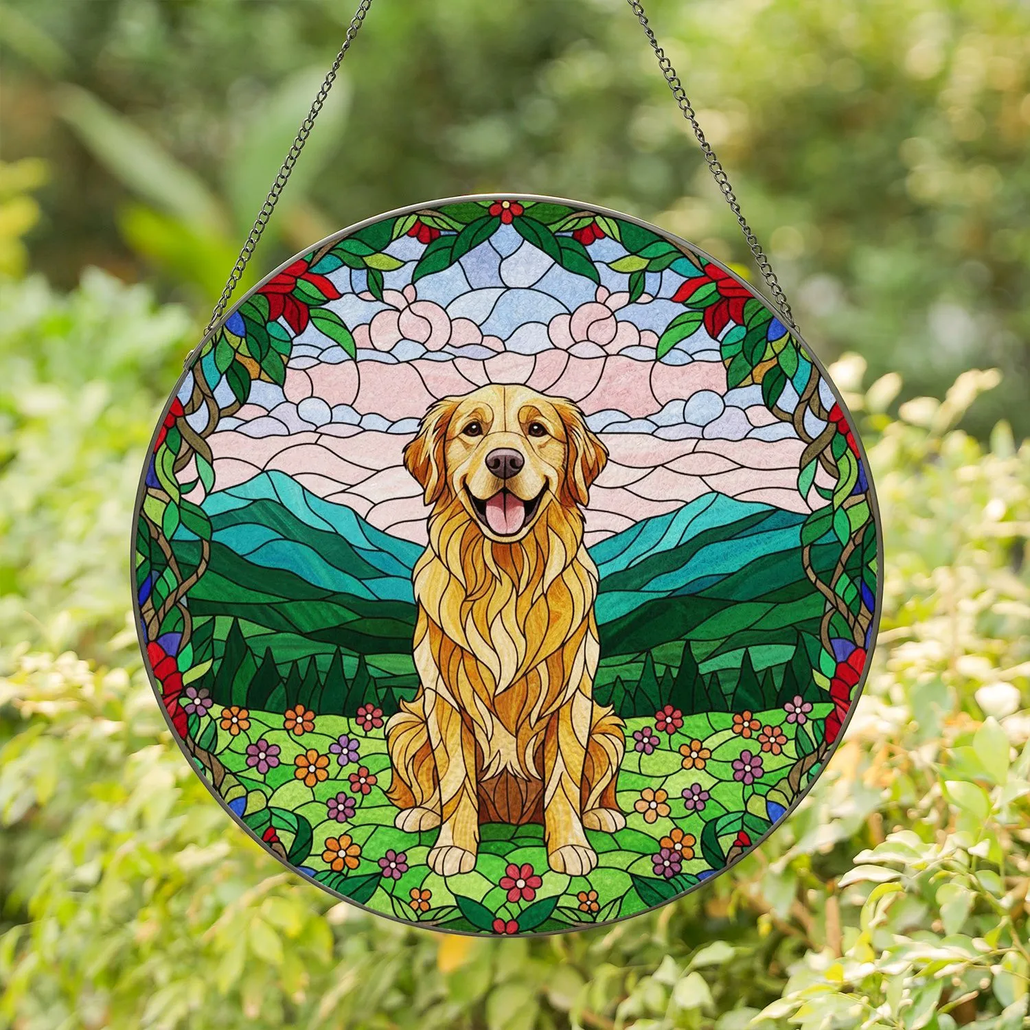 Golden Retriever Dog Colorful Stained Glass Art - Mountains Wildflowers Floral Wreath Stained Glass Suncatcher - 1