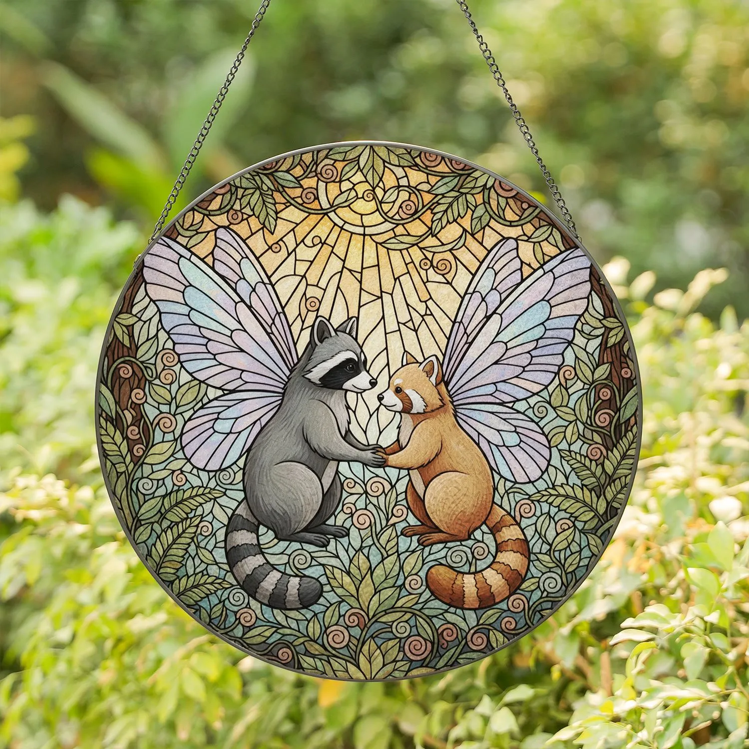 Raccoon Red Panda Fairy Winged Stained Glass Mosaic - Woodland Foliage Window Art Stained Glass Suncatcher - 1