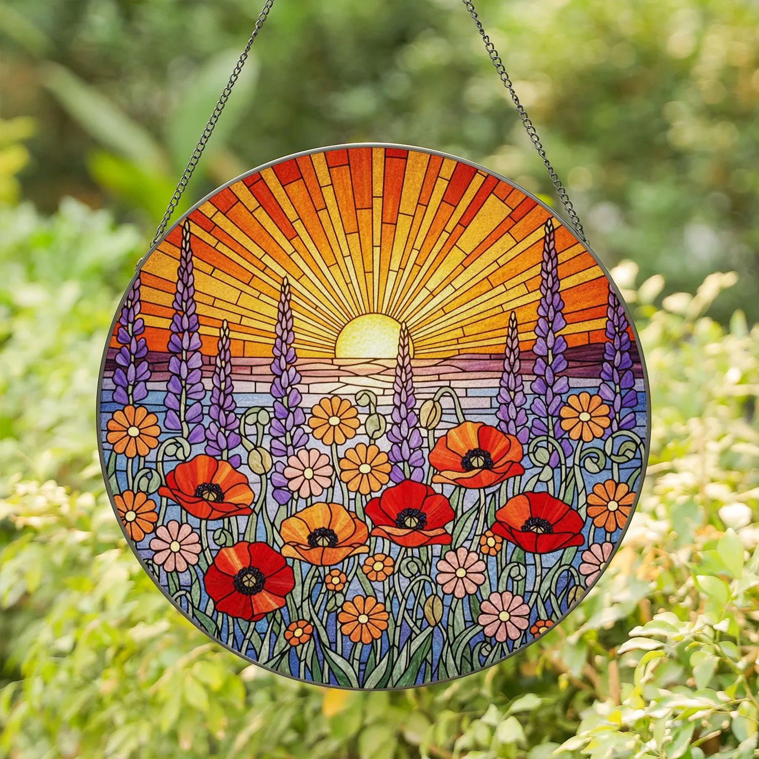 Stained Glass Wildflowers Poppies Lupine Sunset Sky Ocean Hills - Vibrant Jewel Tone Art Stained Glass Suncatcher - 1