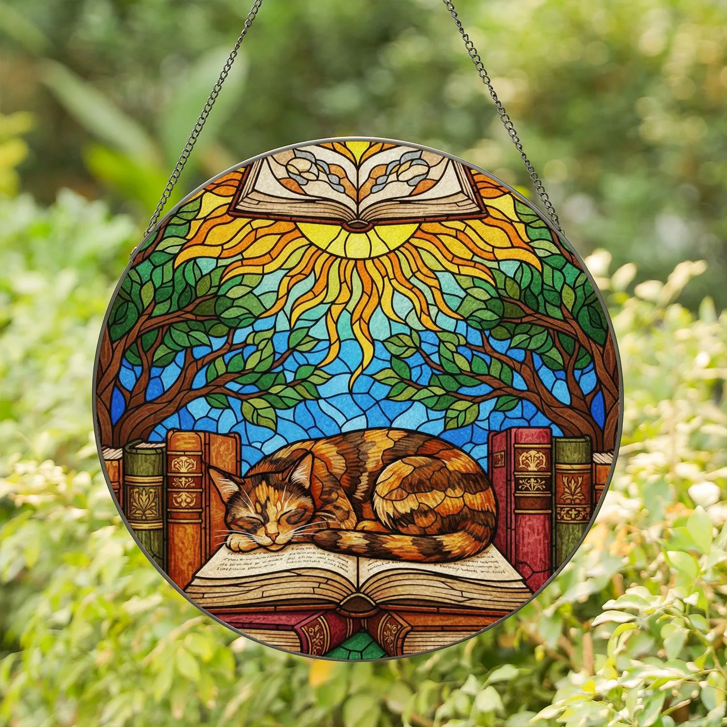 Sleeping Tortoiseshell Cat Open Book Tiffany Stained Glass - Sun Tree Sky Mosaic Art Stained Glass Suncatcher - 1