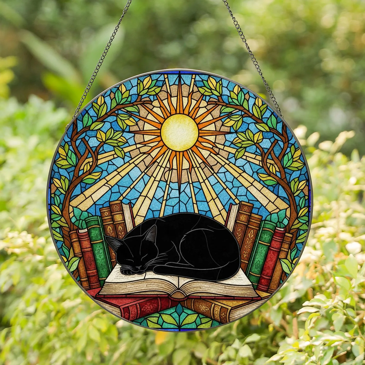 Black Cat Sleeping Books Stained Glass Sun - Mosaic Foliage Window Decor Cat Lover Stained Glass Suncatcher - 1