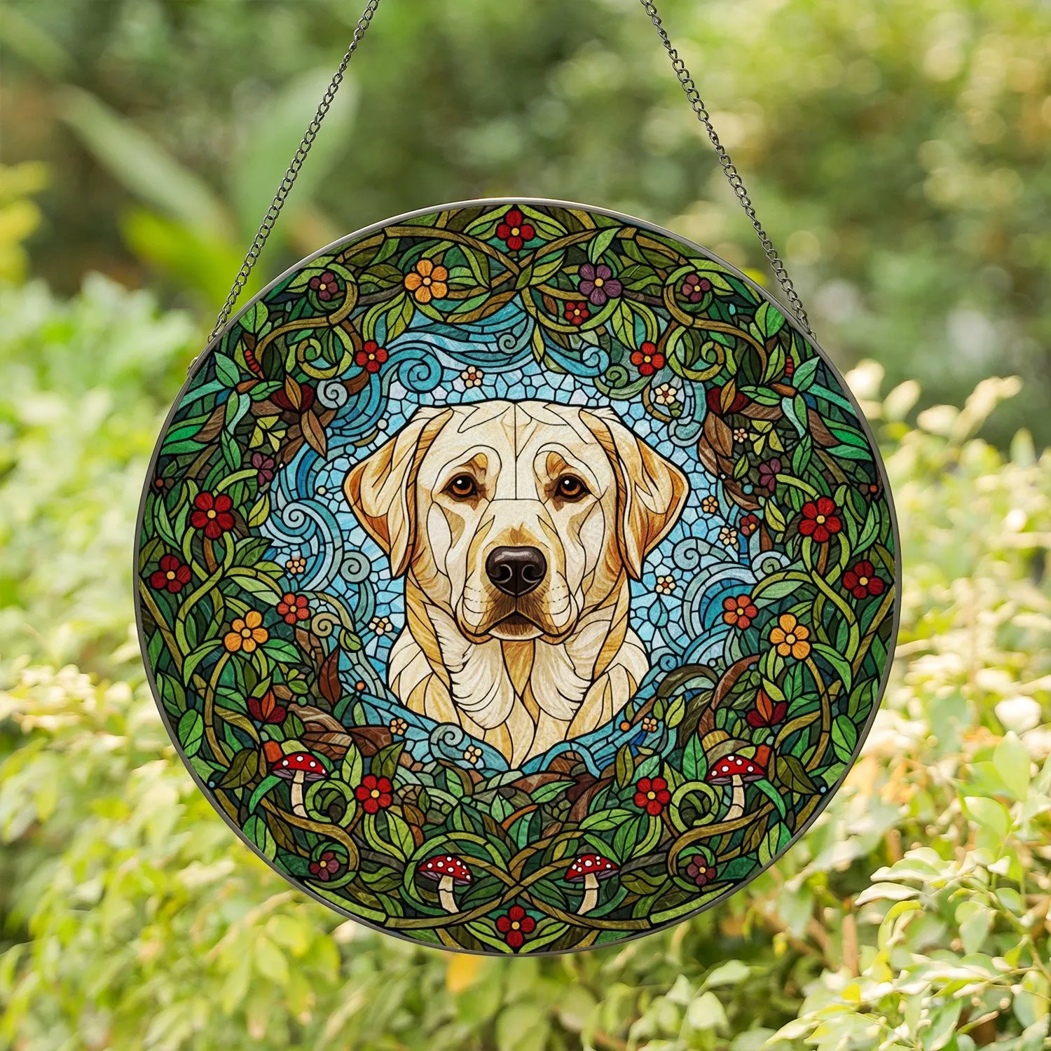 Majestic Cream Labrador Dog Stained Glass Art - Tiffany Style Organic Foliage Toadstool Stained Glass Suncatcher - 1
