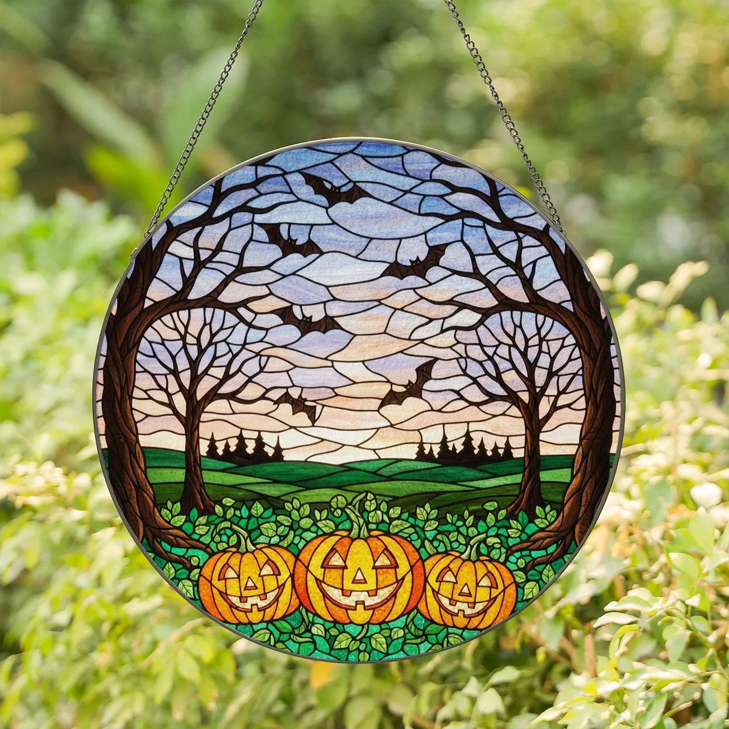 Glowing Jack-O'-Lanterns Bats Stained Glass Tiffany - Halloween Autumn Mosaic Sky Stained Glass Suncatcher - 1