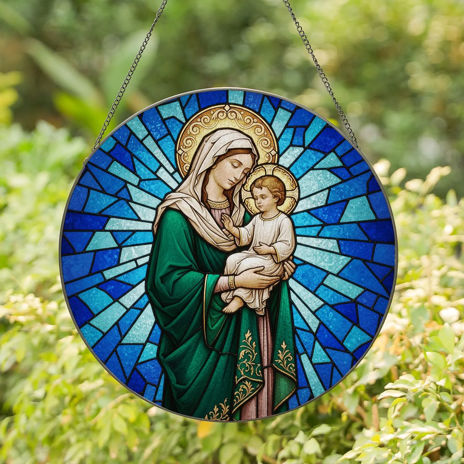Virgin Mary Baby Jesus Stained Glass Mosaic - Tiffany Style Christian Art Spiritual Gift Stained Glass Suncatcher - 1