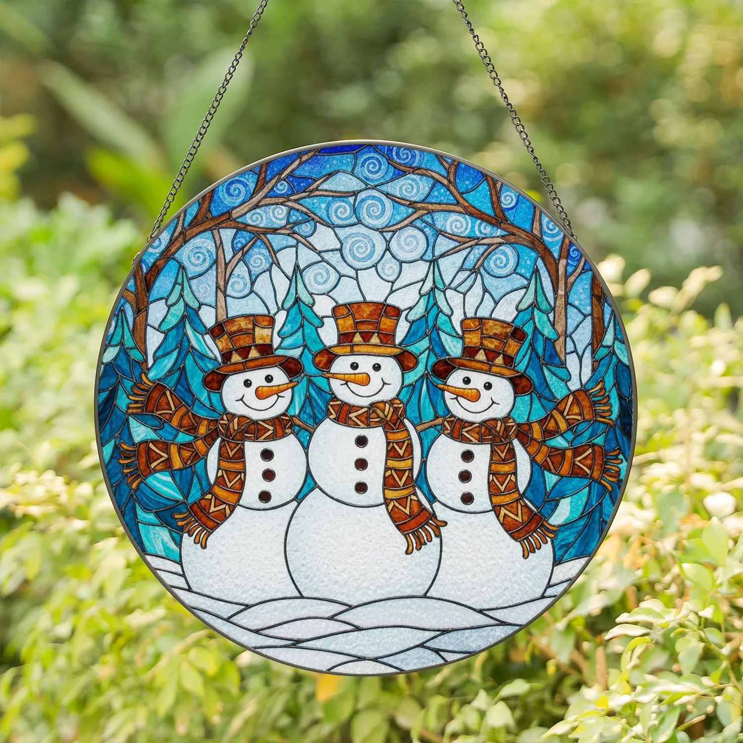 Snowmen Winter Forest Stained Glass Mosaic Snow Drifts Tiffany Style Bare Evergreen Trees Stained Glass Suncatcher - 1
